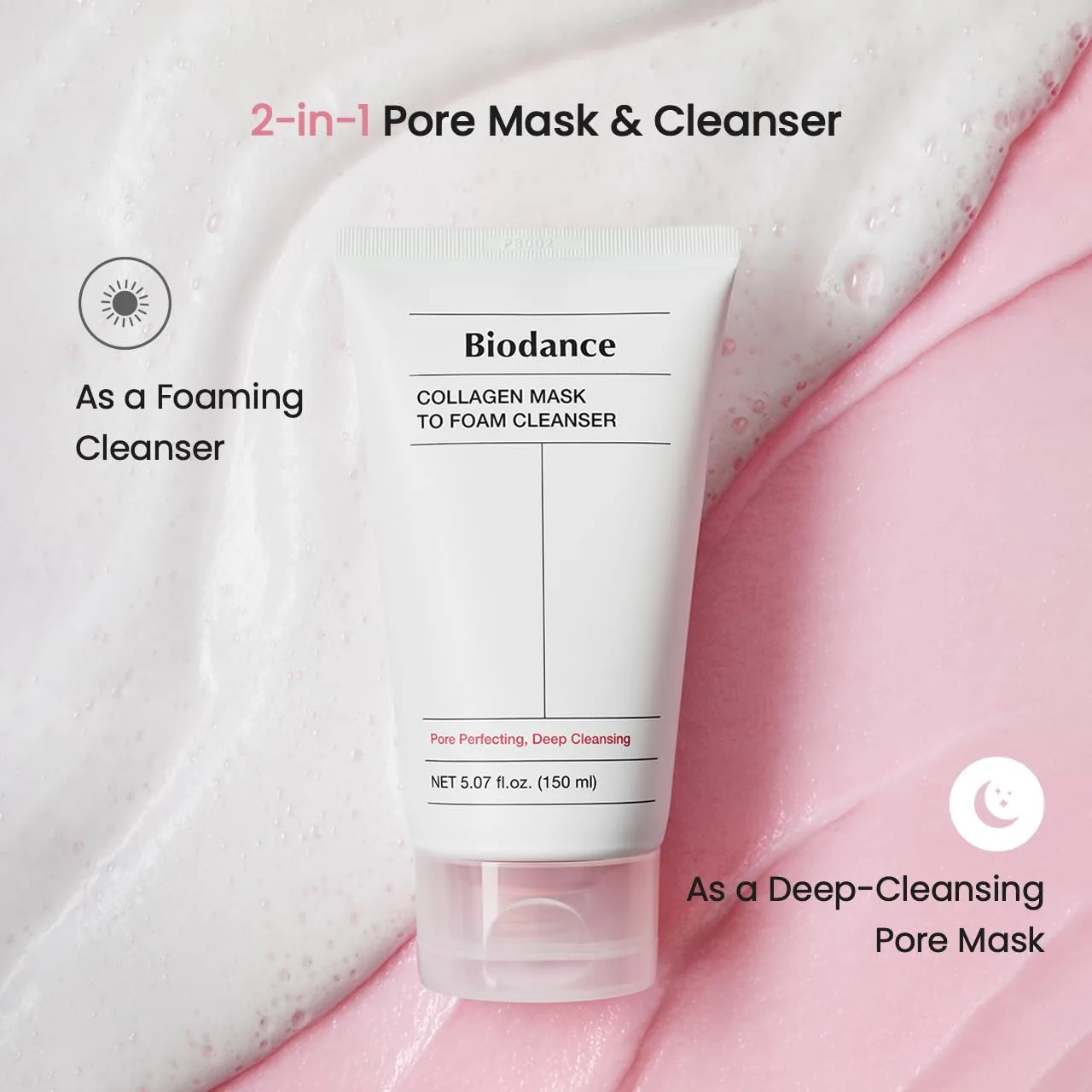 BIODANCE Collagen Mask To Foam Cleanser, 2-in-1 Pore Care and Hydrating Foaming Facial Cleanser for Sensitive Skin, Gentle Face Wash, Korean Skin Careㅣ5.07 fl. oz. (150 ml) (Pack of 2)