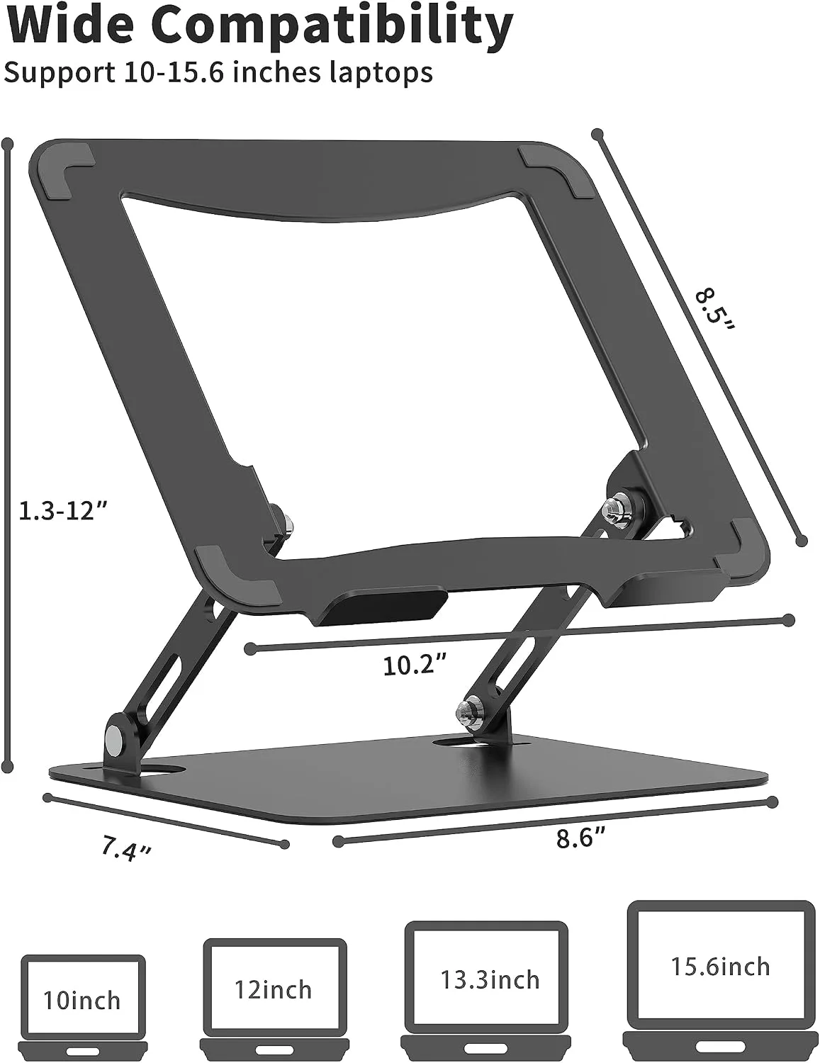SOUNDANCE Adjustable Laptop Stand for Desk, Metal Riser 10-15.6", Black