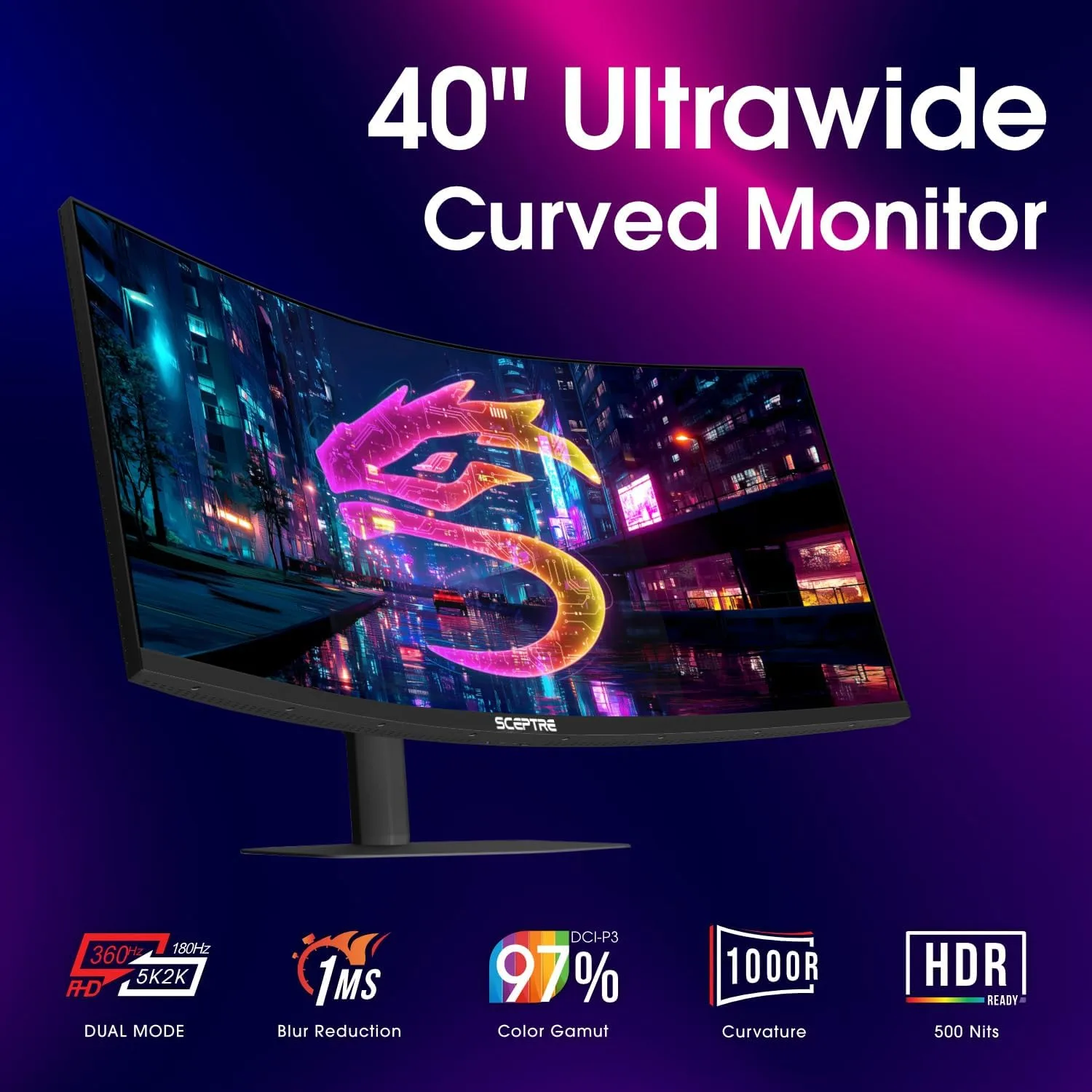 New! Sceptre Curved 39.7-inch 5K2K 5120 x 2160 UHD+ Prime Gaming Monitor up to 180Hz 1000R 1ms DisplayPort X2 HDMI X2 Build-in Speakers, Height Adjustable Machine Black 2027 (C415B-UUS360 Series)
