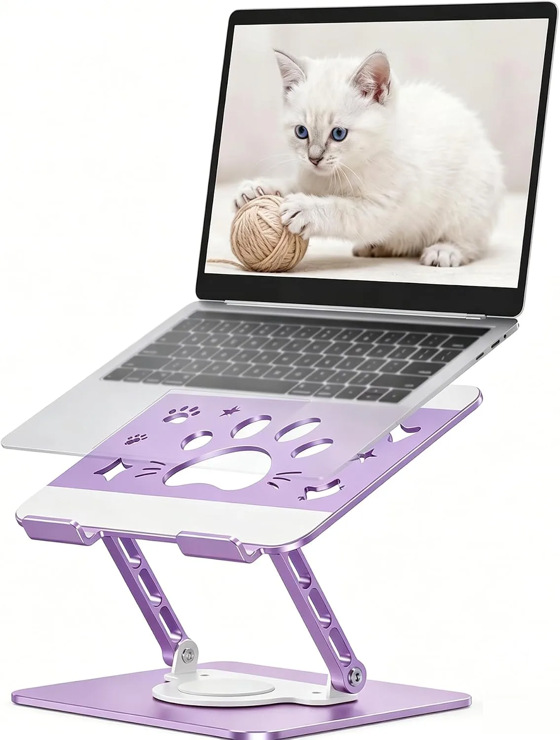 Adjustable Cat Paw Laptop Stand for Desk, 360° Rotating Foldable Carbon Steel Laptop Holder, Ergonomic Cooling Laptop Riser Fits 17.3 Inch MacBook Pro/Air Dell HP Lenovo (Purple)