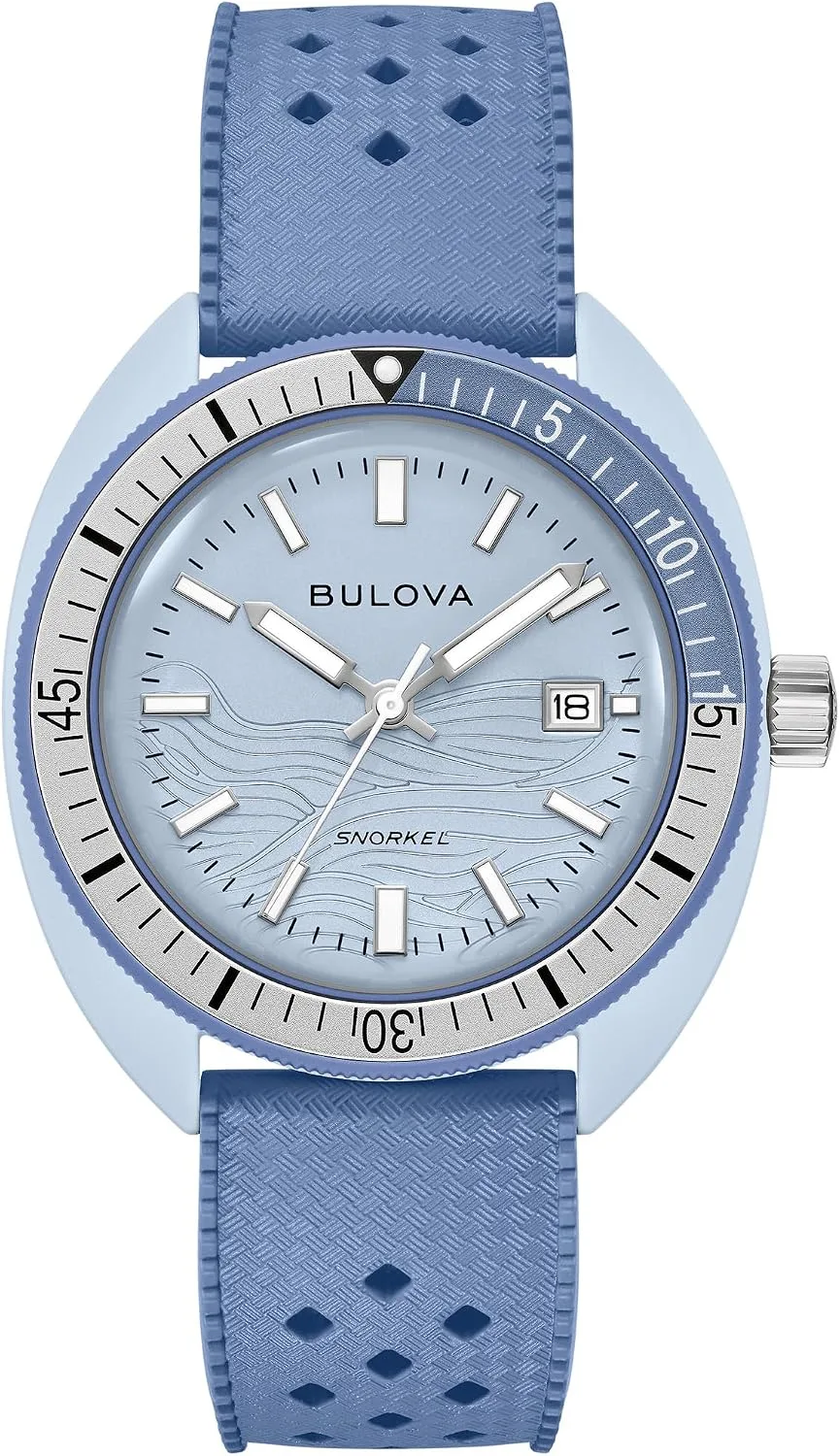 Bulova Oceanographer Snorkel Amazon Exclusive Ceramic Case and White Perforated Rubber Strap Watch, Day Date 100M WR