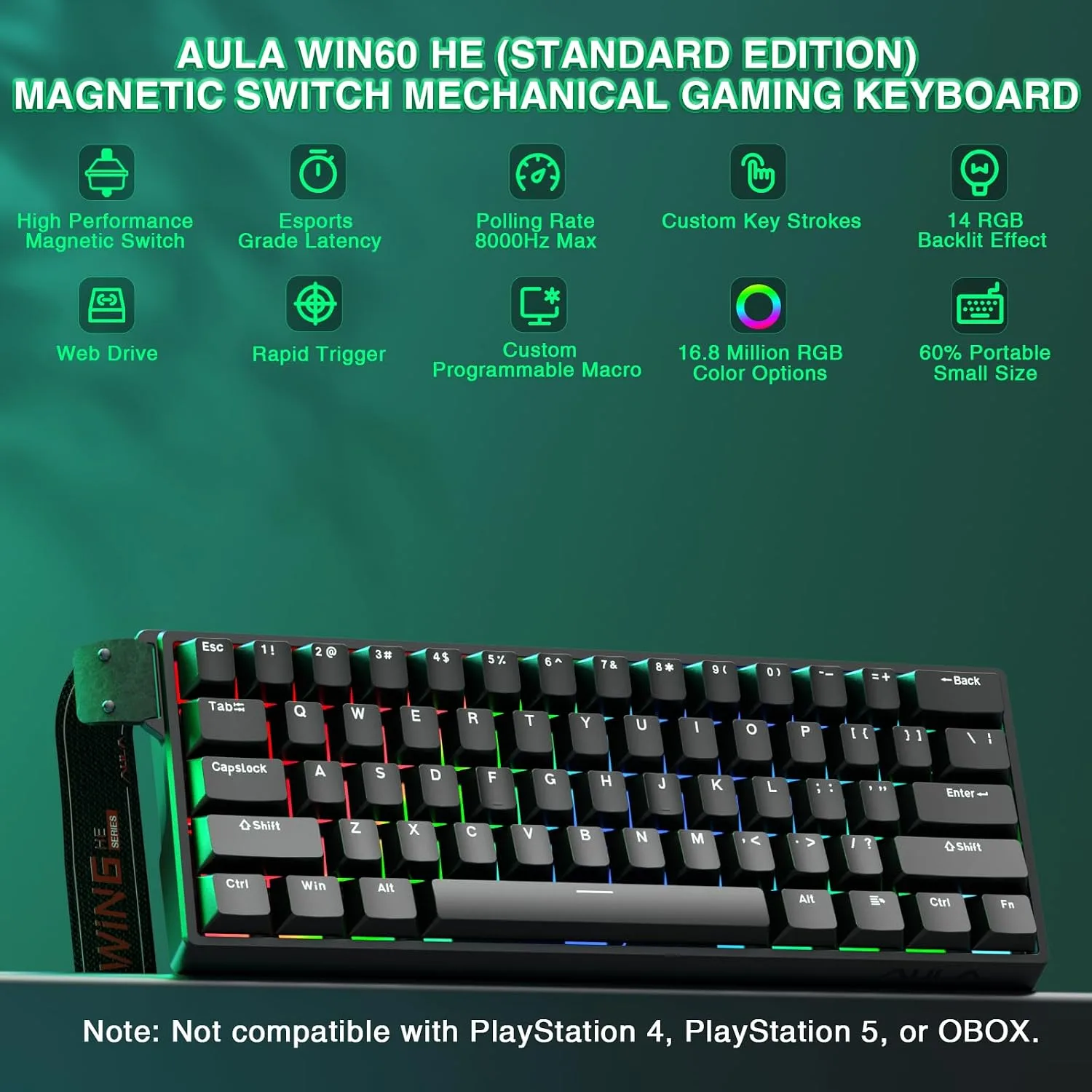 Aula WIN60 HE - 60% Mechanical Gaming Keyboard Wired, Magnetic Switch Hot Swappable, Adjustable Actuation Rapid Trigger Mode, 8000 Hz Polling Rate, RGB Small Keyboard 60 Percent Compact Design for PC