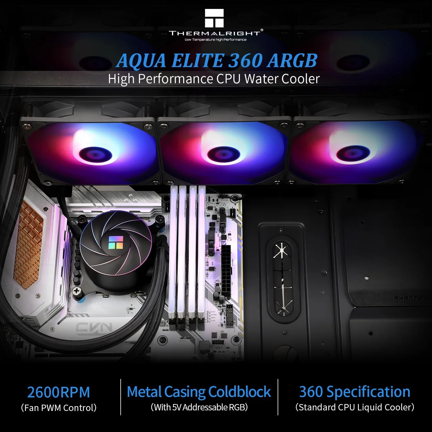 Thermalright Aqua Elite 360 ARGB CPU Water Cooler, with 3 PWM Fans, 1550RPM Speed,for AMD/AM4/AM5, Intel LGA1851/1150/1151/1155/1156/1200/1700