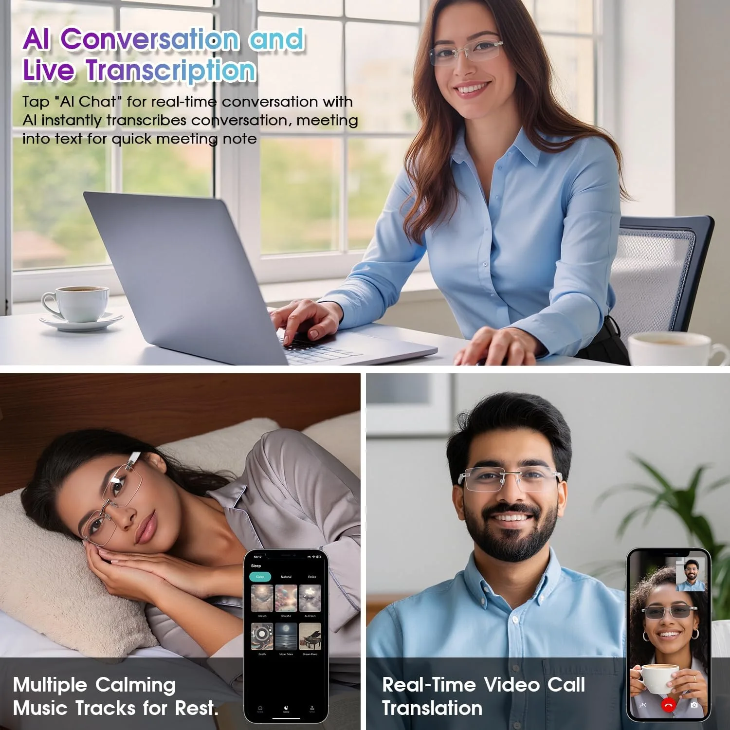 AI Translation Smart Glasses, 164 Languages, Bluetooth Glasses, Gold