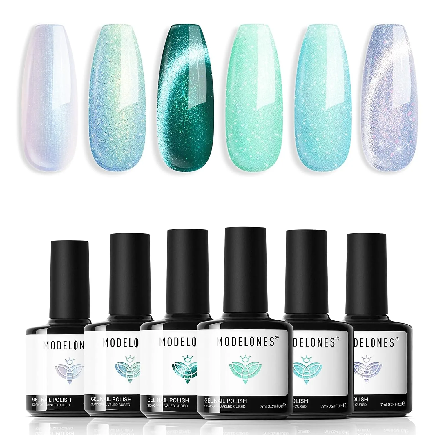 modelones Cat Eye Gel Nail Polish Set Glitter 6Colors Mint Green White