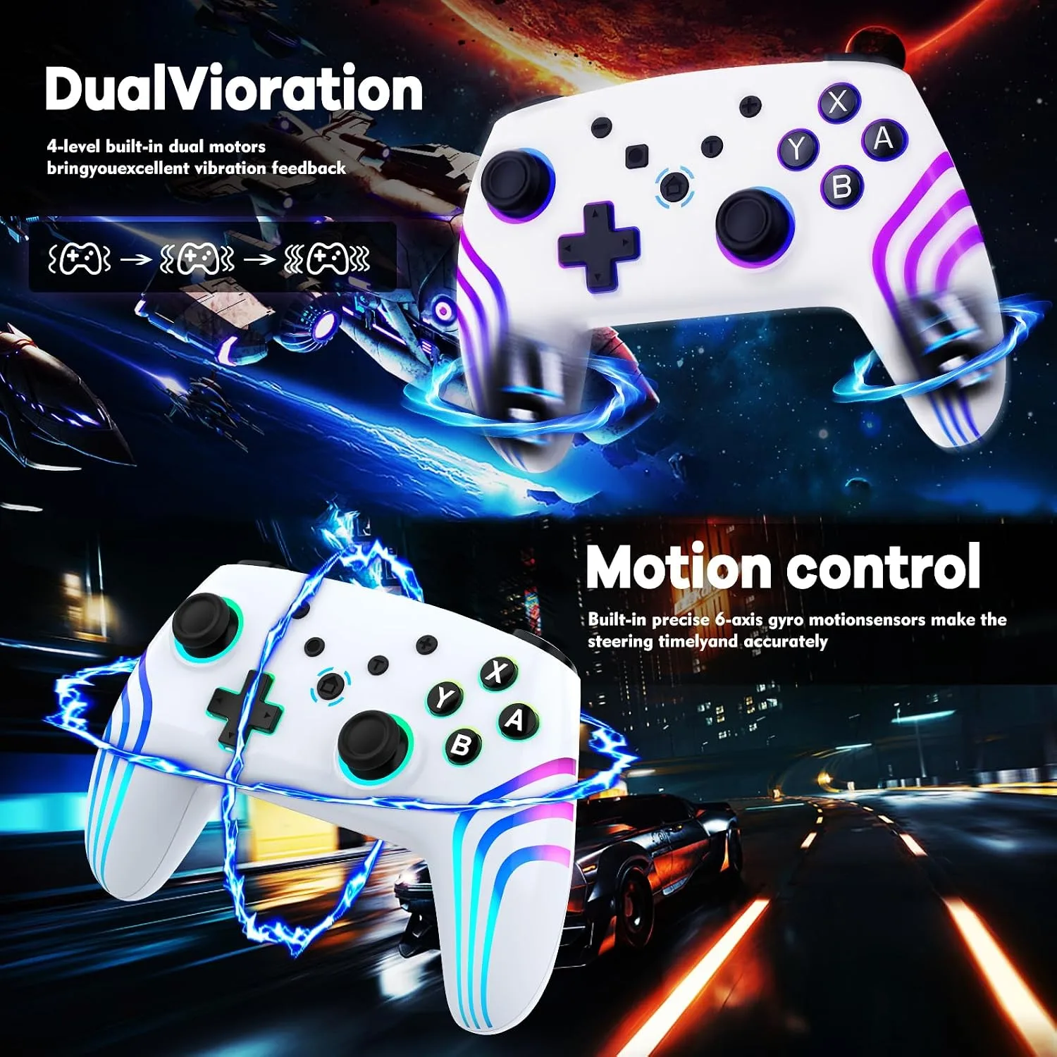 MYSTILUCK Wireless Pro Controller for Switch/Switch 2/Lite/OLED/PC, Gamepad with 7 Color-Changing RGB Lighting/Dual Vibration/6-Axis Gyroscope/Turbo, Ergonomically Designed Precise Joystick - White
