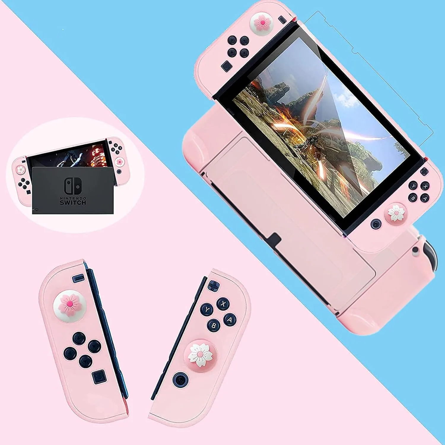 Pink Travel Carrying Case Accessories Kit Compatible with Nintendo Switch OLED.Pink Switch OLED Hard Protective Cover,Adjustable Stand,Screen Protector & Cute Thumb Grips 10 in 1 Gift.