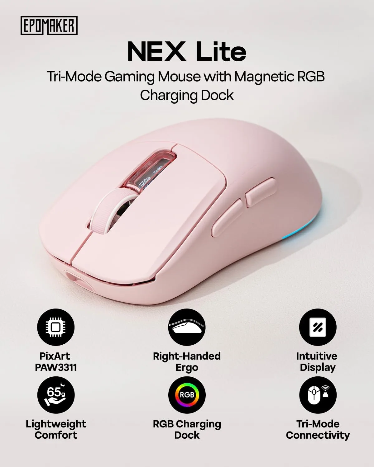 EPOMAKER NEX Lite Wireless Gaming Mouse w/Screens & RGB Charging Dock