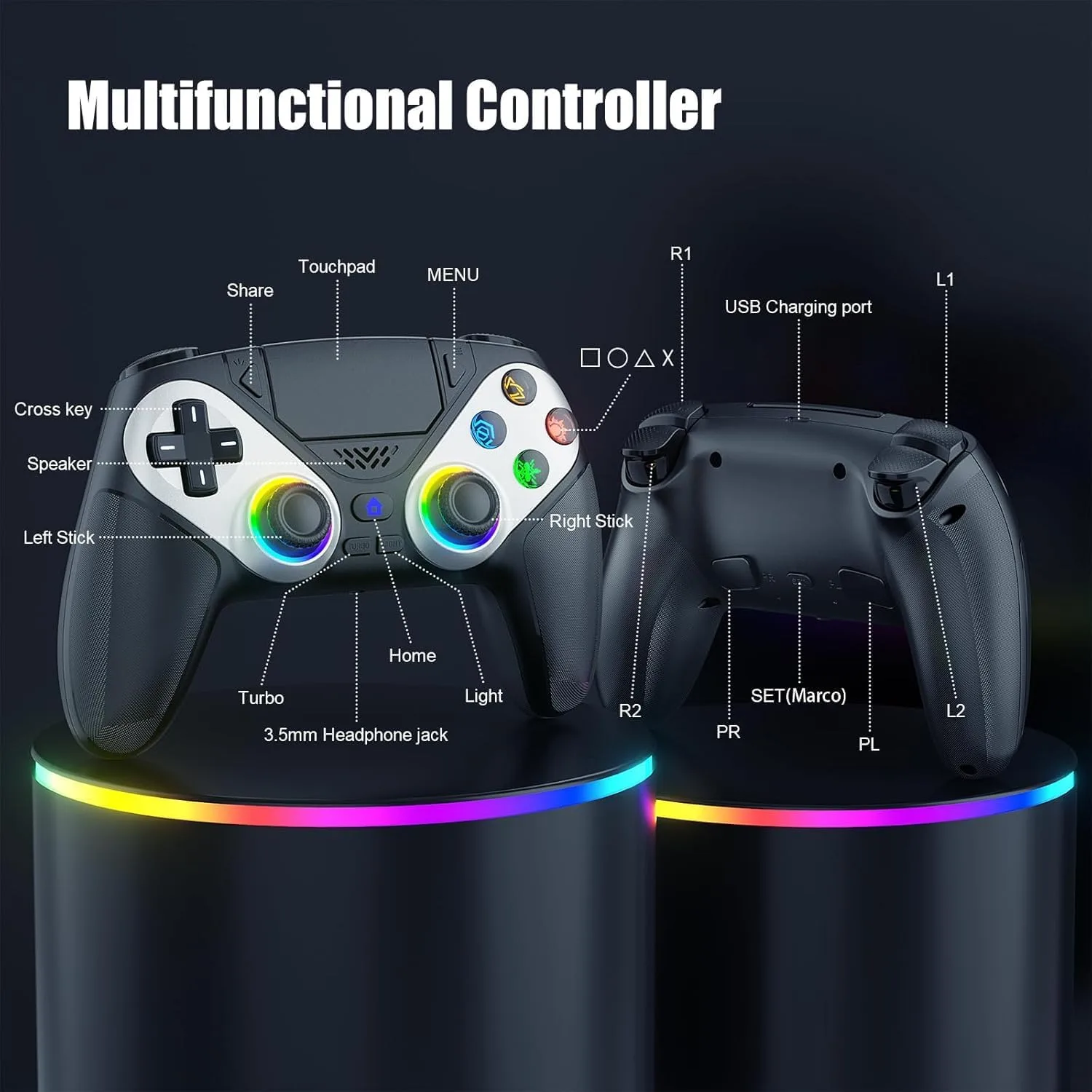 Dinosoo RGB Wireless Controller for PS5/PC/Mobile – Bluetooth Gamepad with Turbo, Macro, Dual Vibration, 6-Axis Gyro, 3.5mm Audio Jack, Built-in Speaker, 1000mAh Battery (Black)