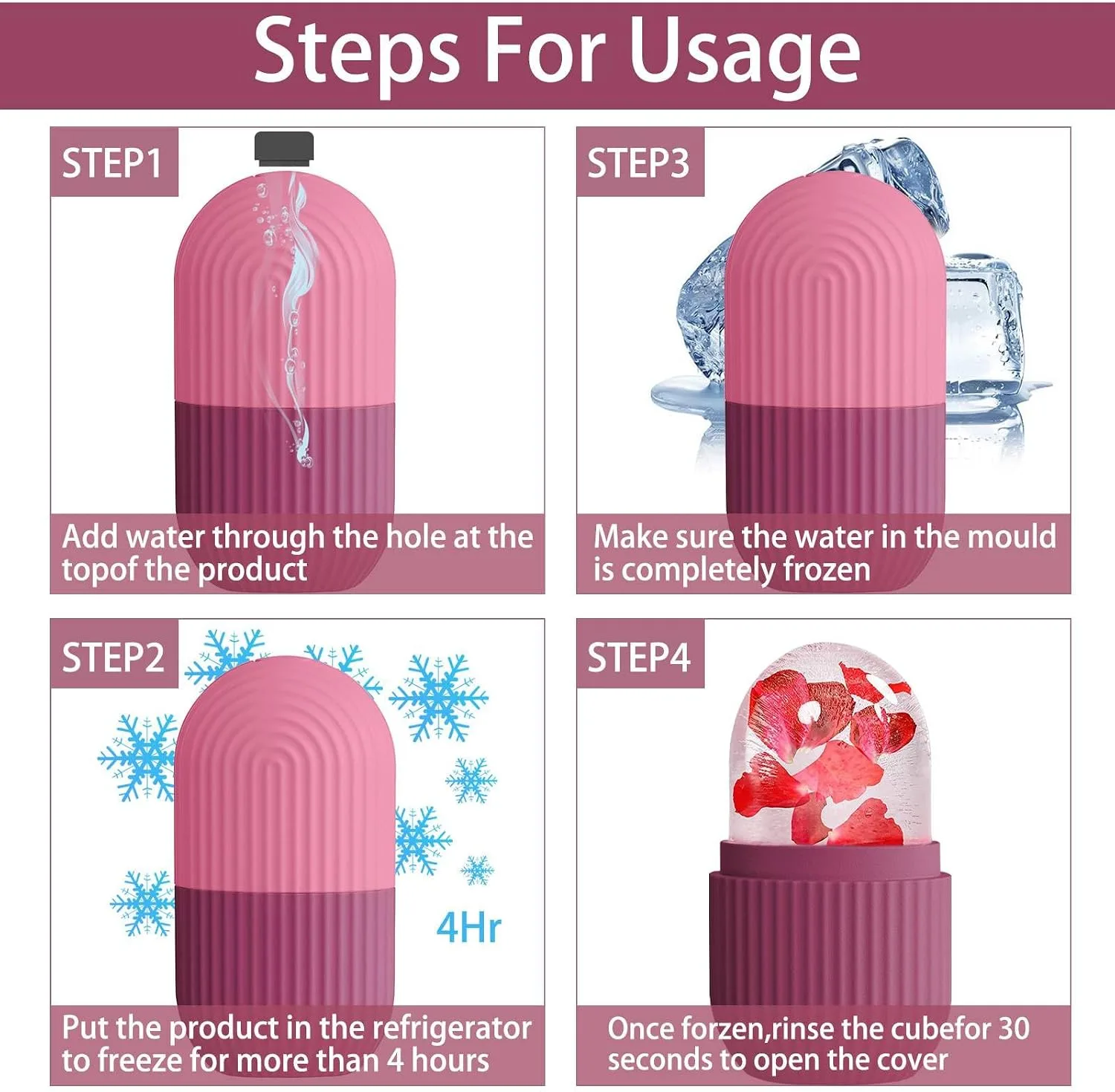 XHJRI Ice Face Roller Massager,Ice Cube Roller for Face, Eyes and Neck Naturally Conditioning and Skin Care,De-Puff Eye Bags,Reduce Migraine Pain,Reusable Massage Silicone Ice Mold (Rose)