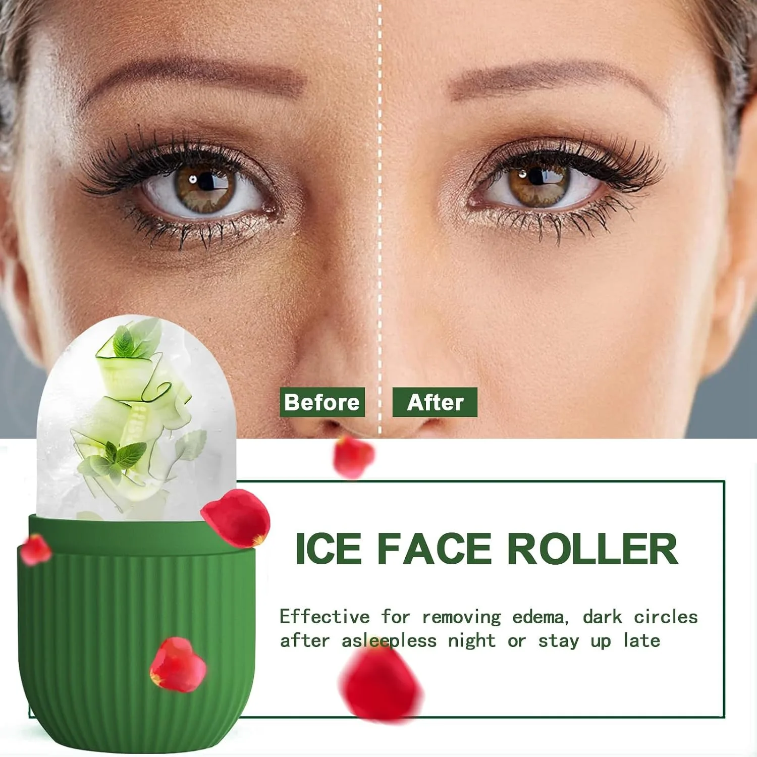XHJRI Ice Roller Massager for Face, Eyes and Neck - Naturally Condition Skin, De-Puff Eye Bags, Reduce Migraine Pain - Reusable Silicone Ice Mold (Green)