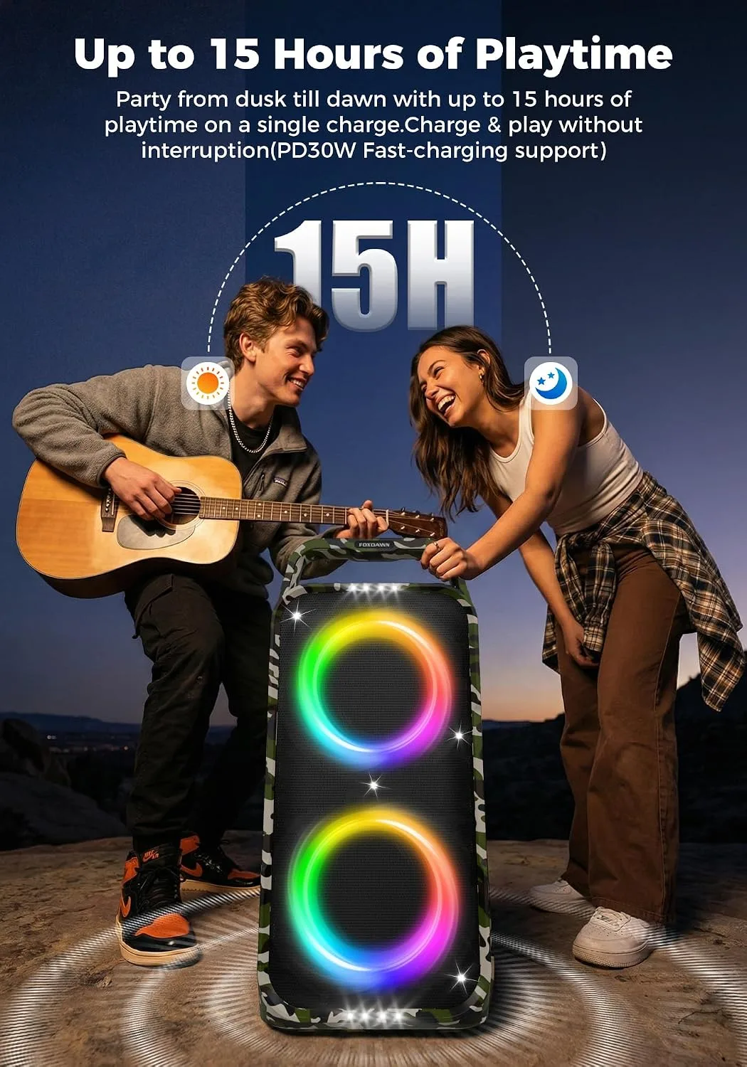 Foxdawn Portable Bluetooth Speaker: 240W Peak Powerful Loud Sound Deep Bass Wireless Boombox Large Subwoofer 15 Hours Battery Life Fast Charging with Led Light Show for Party Outdoor Camping Backyard