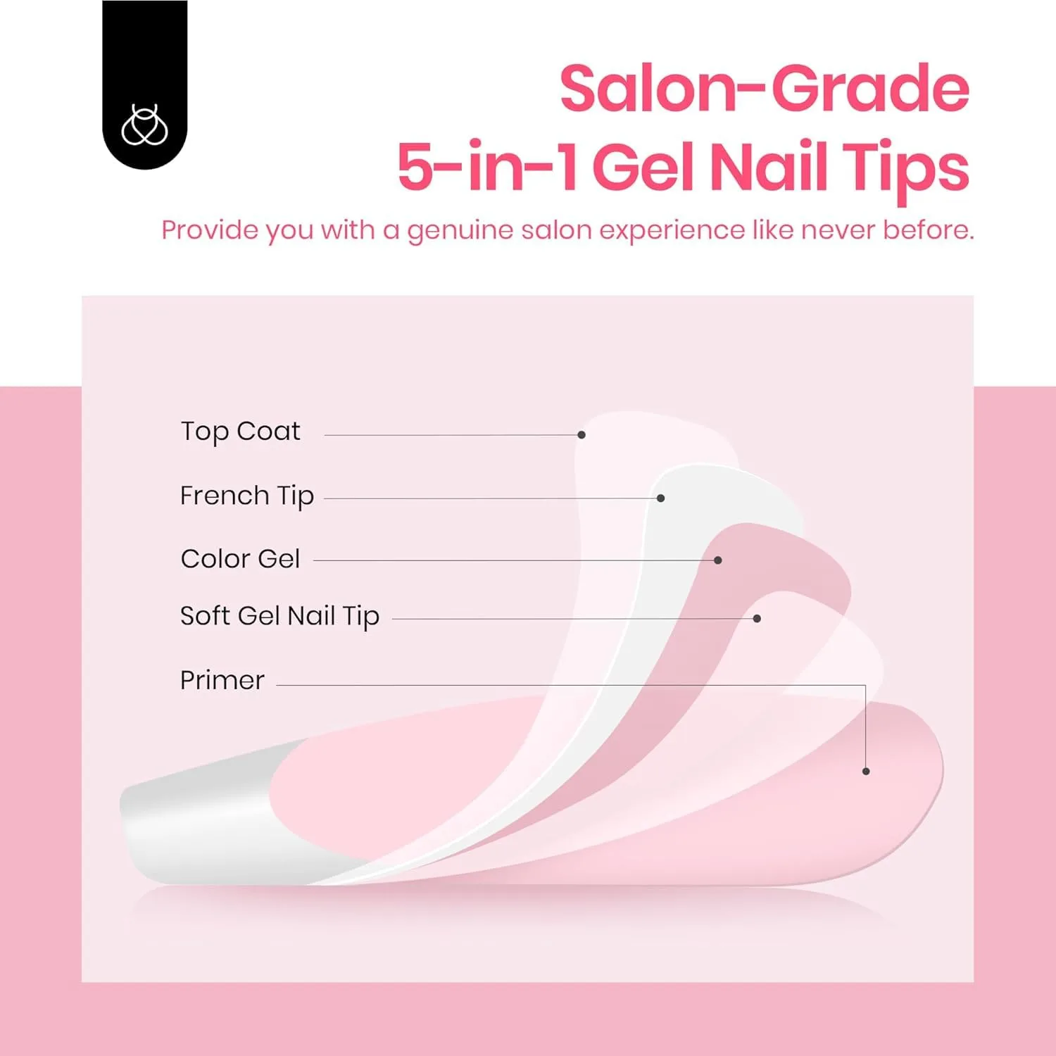 Beetles Short Squoval French Tip Press On Nails, Pink 64 Pcs 16 Sizes