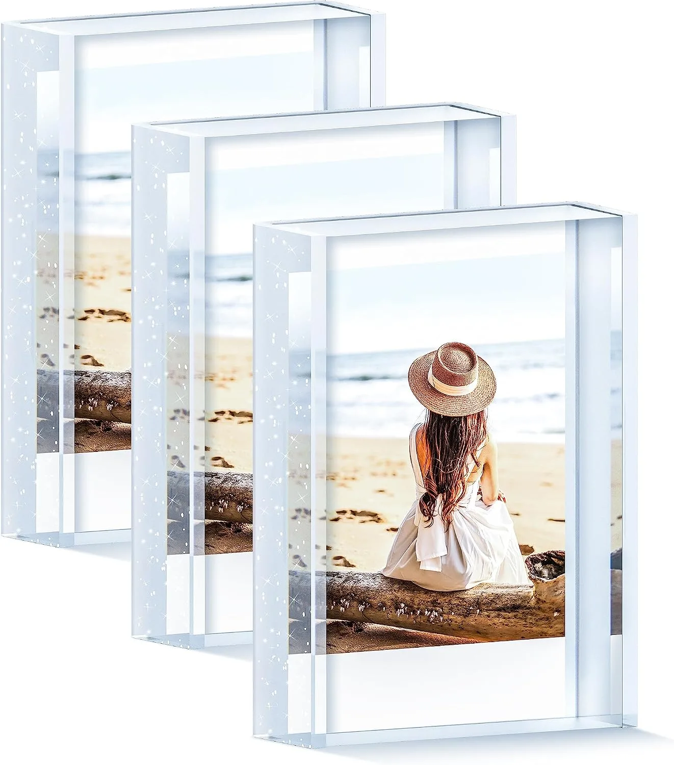 Instax Mini Picture Frames, 2x3 Small Photo Frame for Polaroid & Fujifilm Instax Mini Film, Cute Polaroid Picture Display Holder, Acrylic Little Photo Frames for Desktop Decor, Silver Glitter (3 Pack)