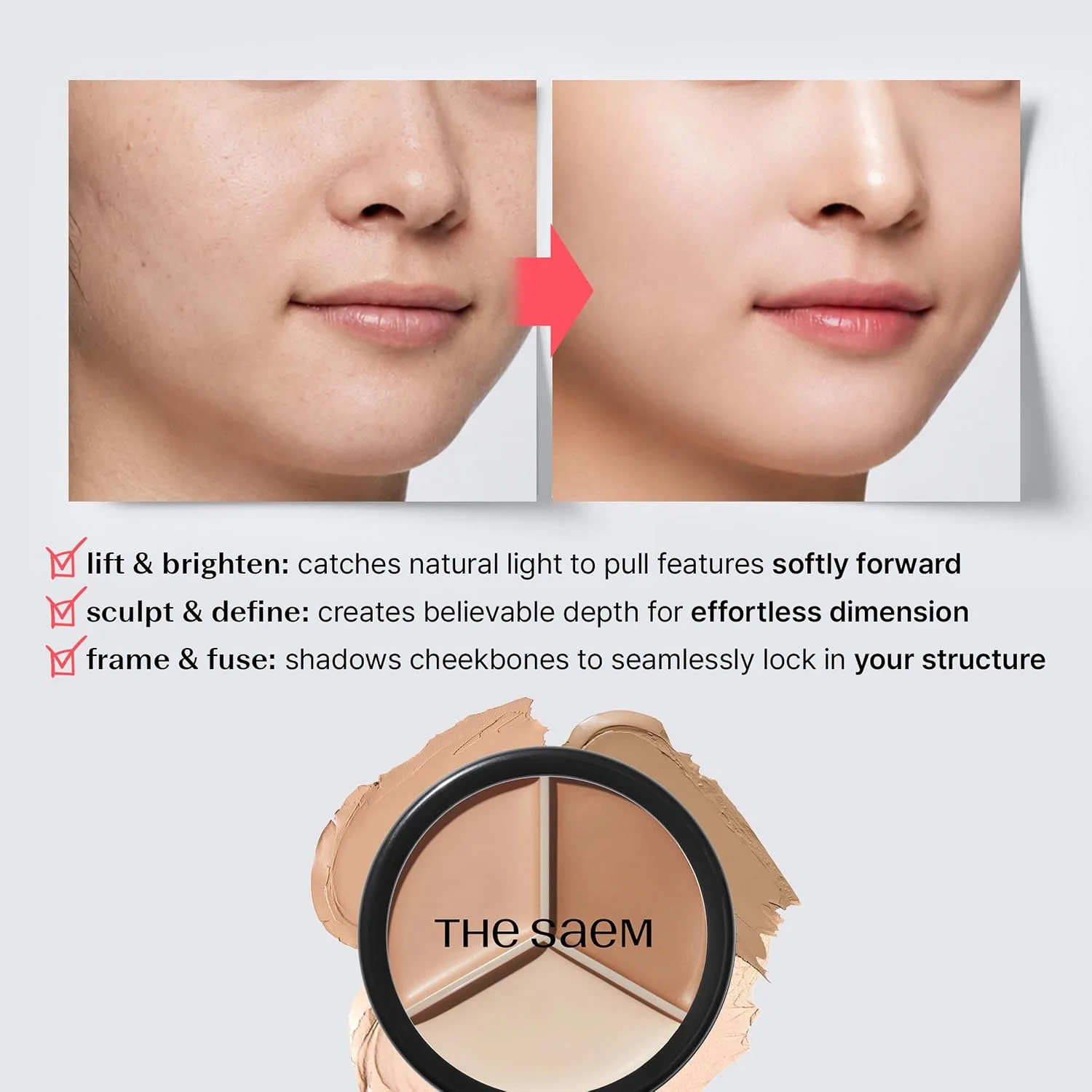 THE SAEM Cover Perfection Triple Pot Concealer - 3-Color Palette for Facial Contouring & Highlighting, 0.16 oz (4.5g) - No 02 Contour Beige