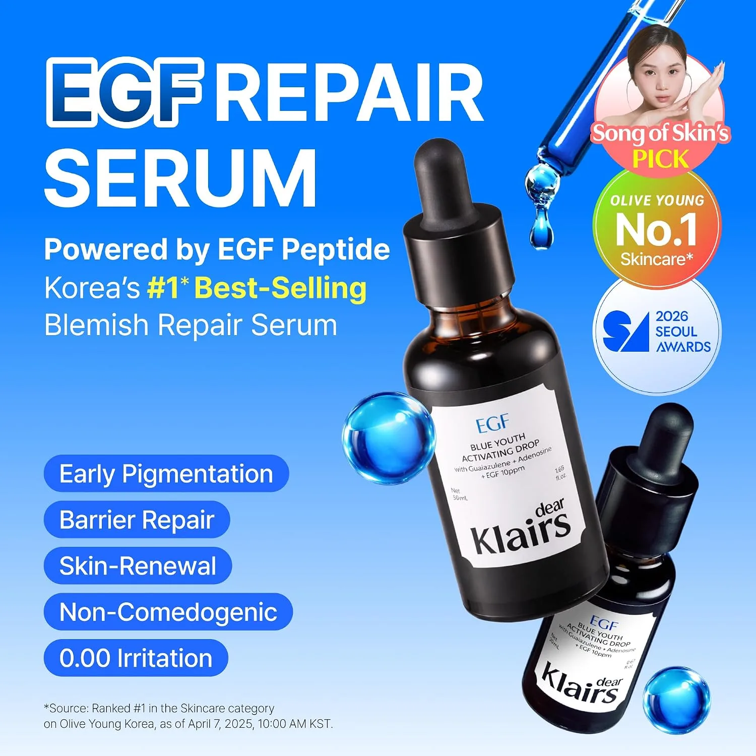 DearKlairs EGF Serum - Blue Youth Activating Drop, Travel Size 0.33 Fl Oz