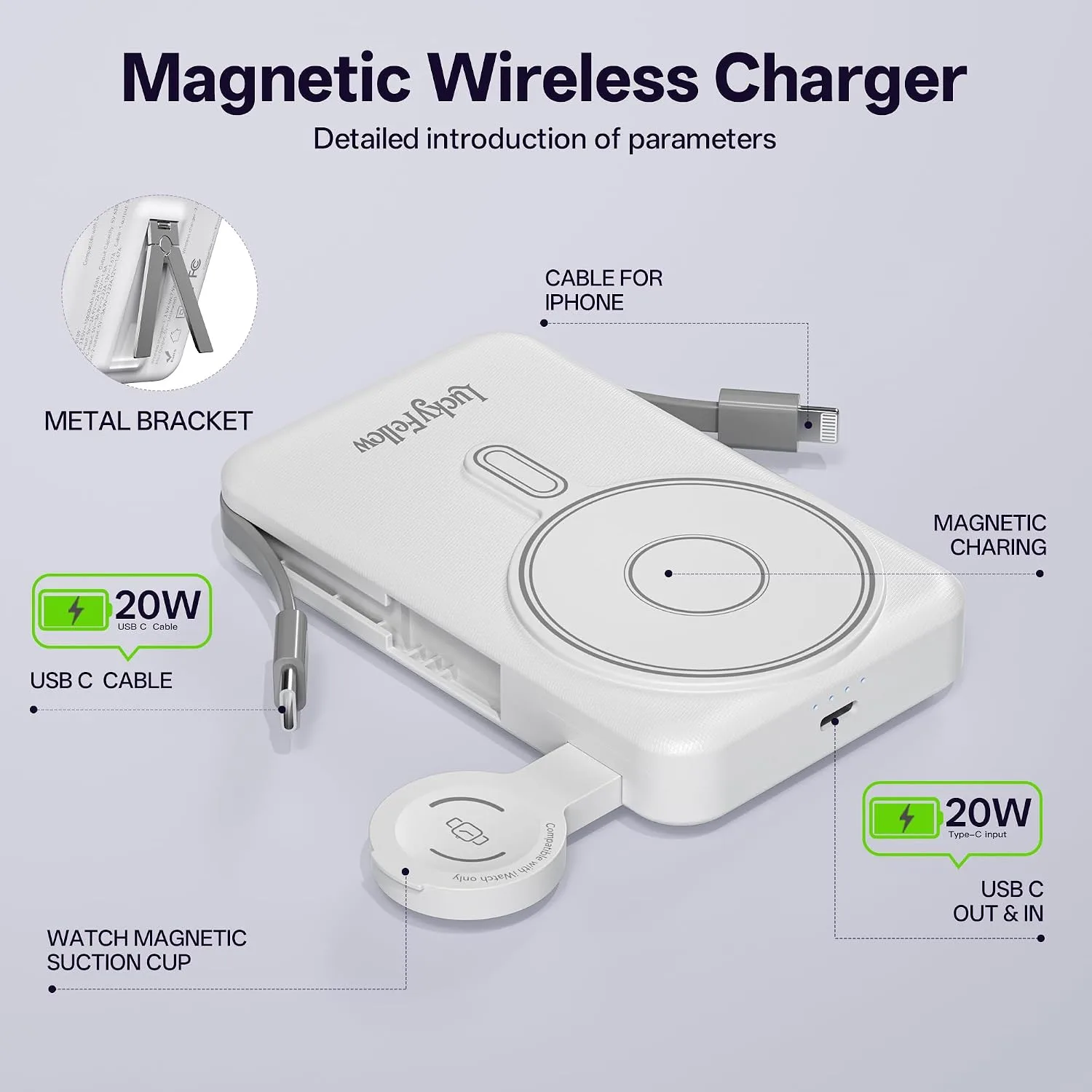 Magnetic Portable Charger Built-in Cables,10000mAh Fast Charging Wireless Charger Station External Battery Pack Slim Pocket Size Power Bank with Stand Compatible with iWatch, iPhone