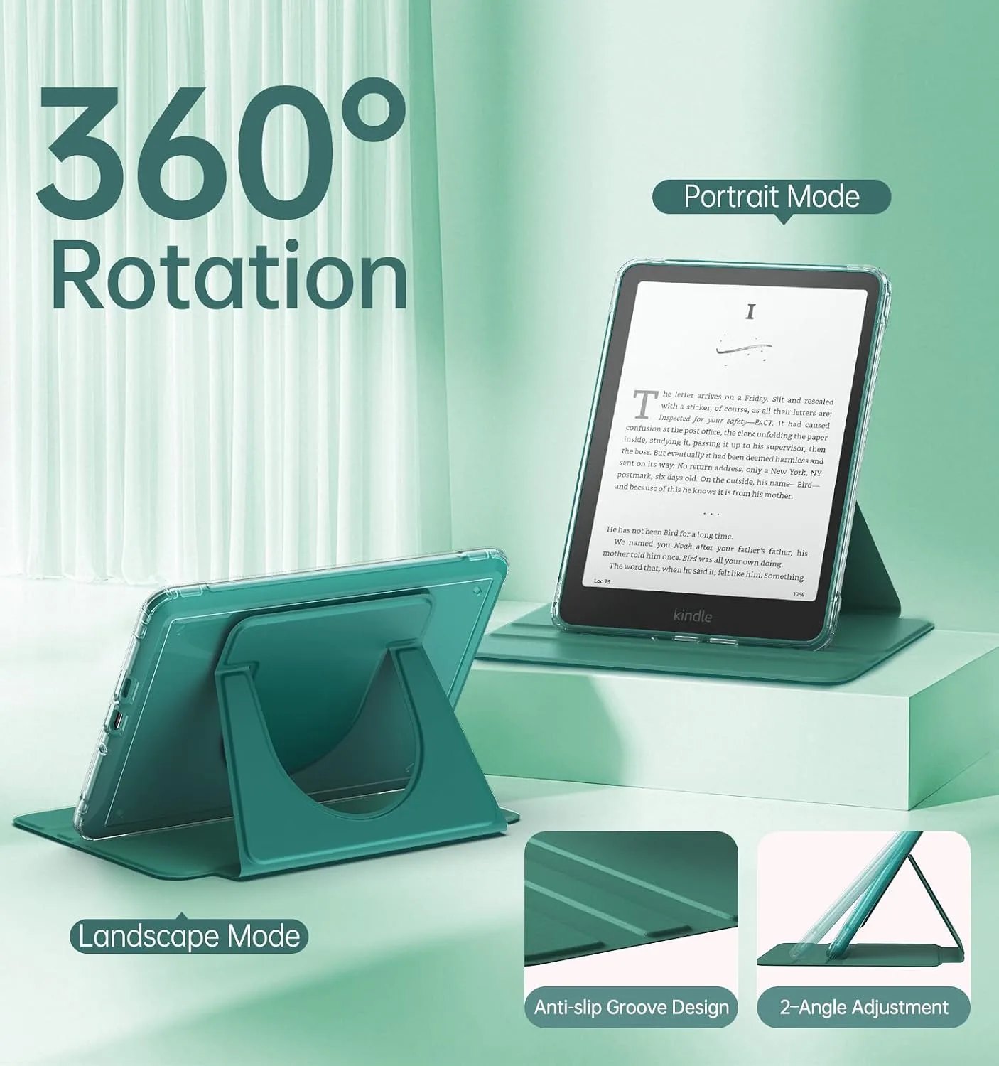 MoKo Rotating Case for 7" Kindle Paperwhite 12th Gen/Colorsoft, Jade Green