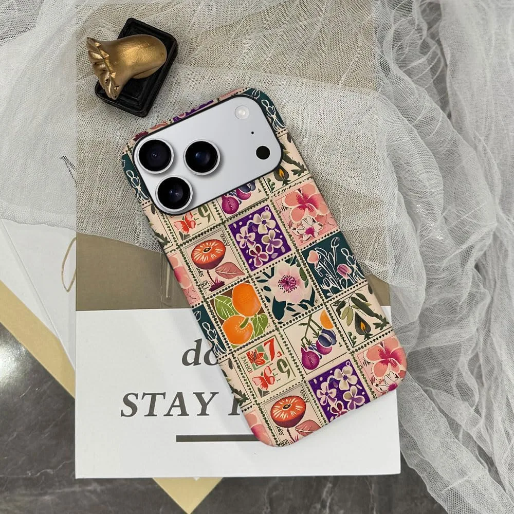 Case Compatible with iPhone 18 Pro/iPhone 17 Pro,Fall Prevention Hybrid 2-Layer Hard Shell Phone Cover for Girls Boys,Vintage Flower Orange Stamp Collage