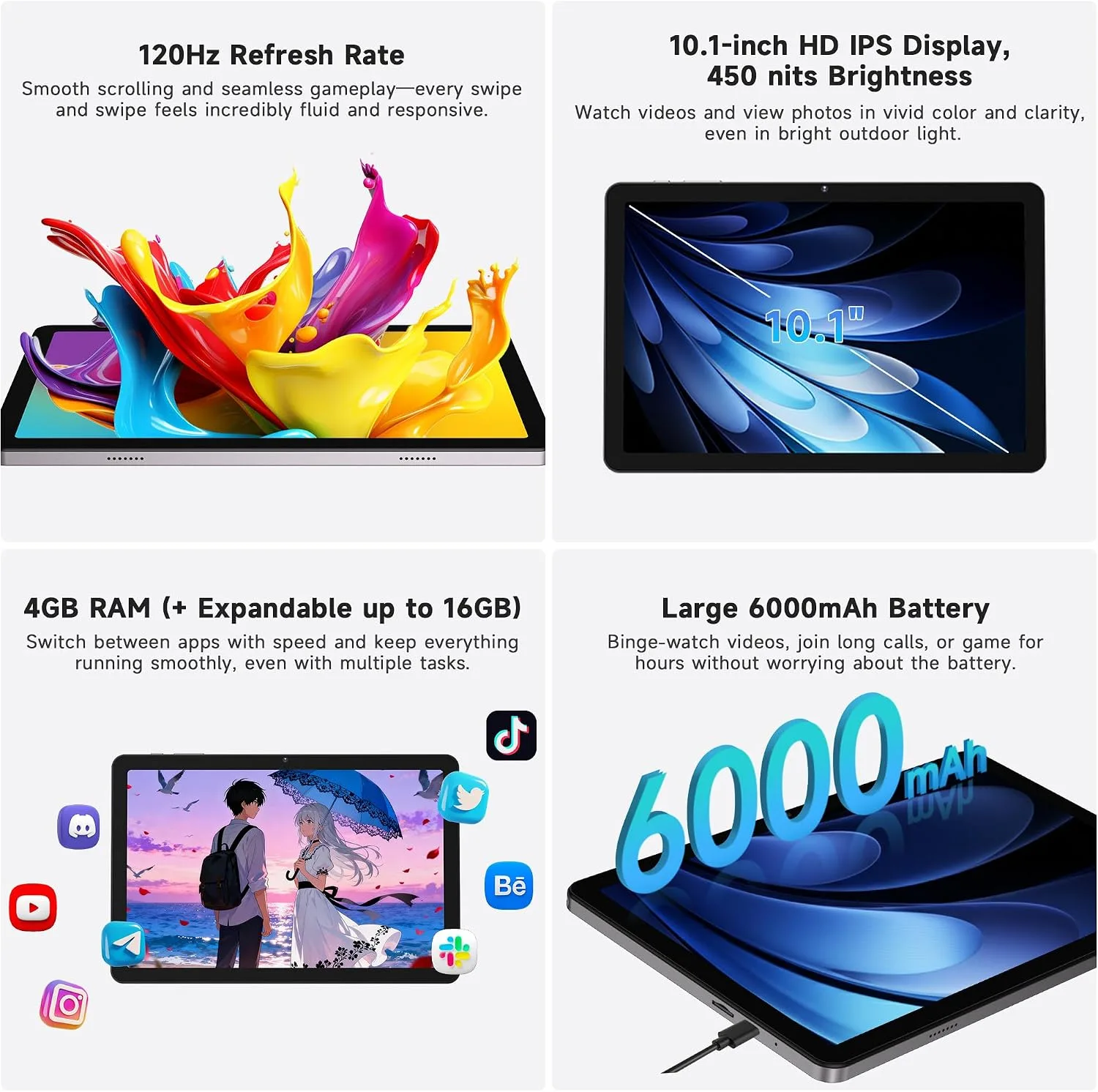 AOC 10 Inch Tablet Android 16, 120Hz IPS High Brightness HD Display, 8-Core Processor, Widevine L1 HD Streaming, 4GB RAM 128GB Storage (1TB Expand), 6000mAh Battery, WiFi, Face ID, Metal Body, Gray