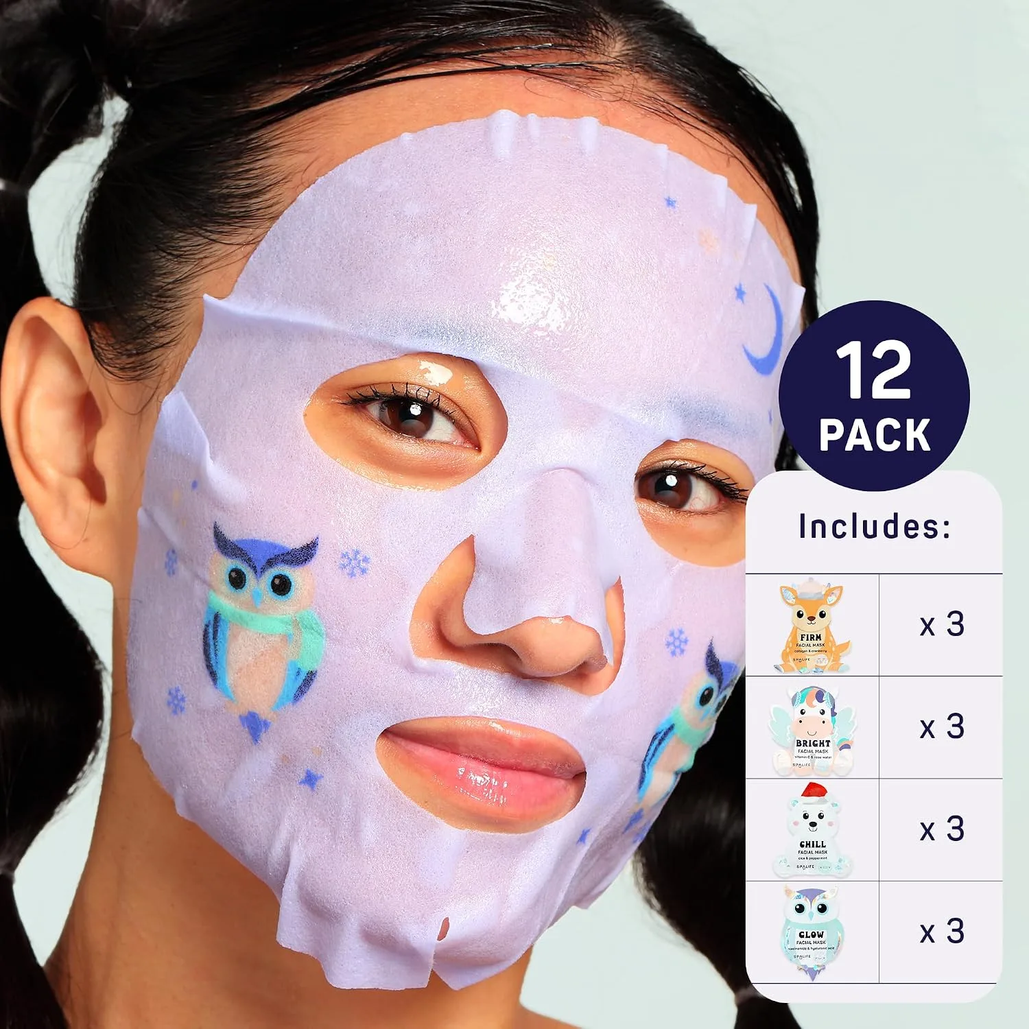 SpaLife Beauty Winter Wonder Animals Christmas Face Mask Bundle | Korean Facial Masks | Hydrating, Firming and Glowing Sheet Mask Set | Christmas Ideas for Women | 12 Pack