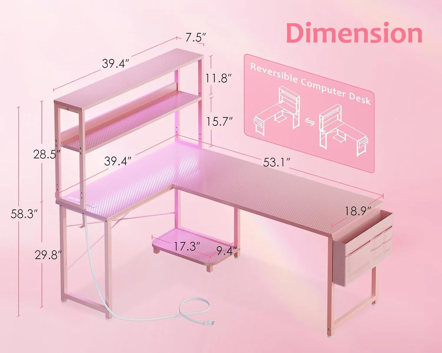 ODK 53" L Shaped Gaming Desk with Shelves, LED & Outlets, Pink