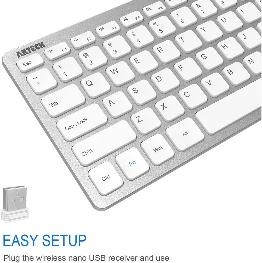 Arteck 2.4G Wireless Keyboard Ultra Slim and Compact Keyboard with Media Hotkeys for Computer Desktop PC Laptop Surface Smart TV and Windows 11/10/8/7, Silver