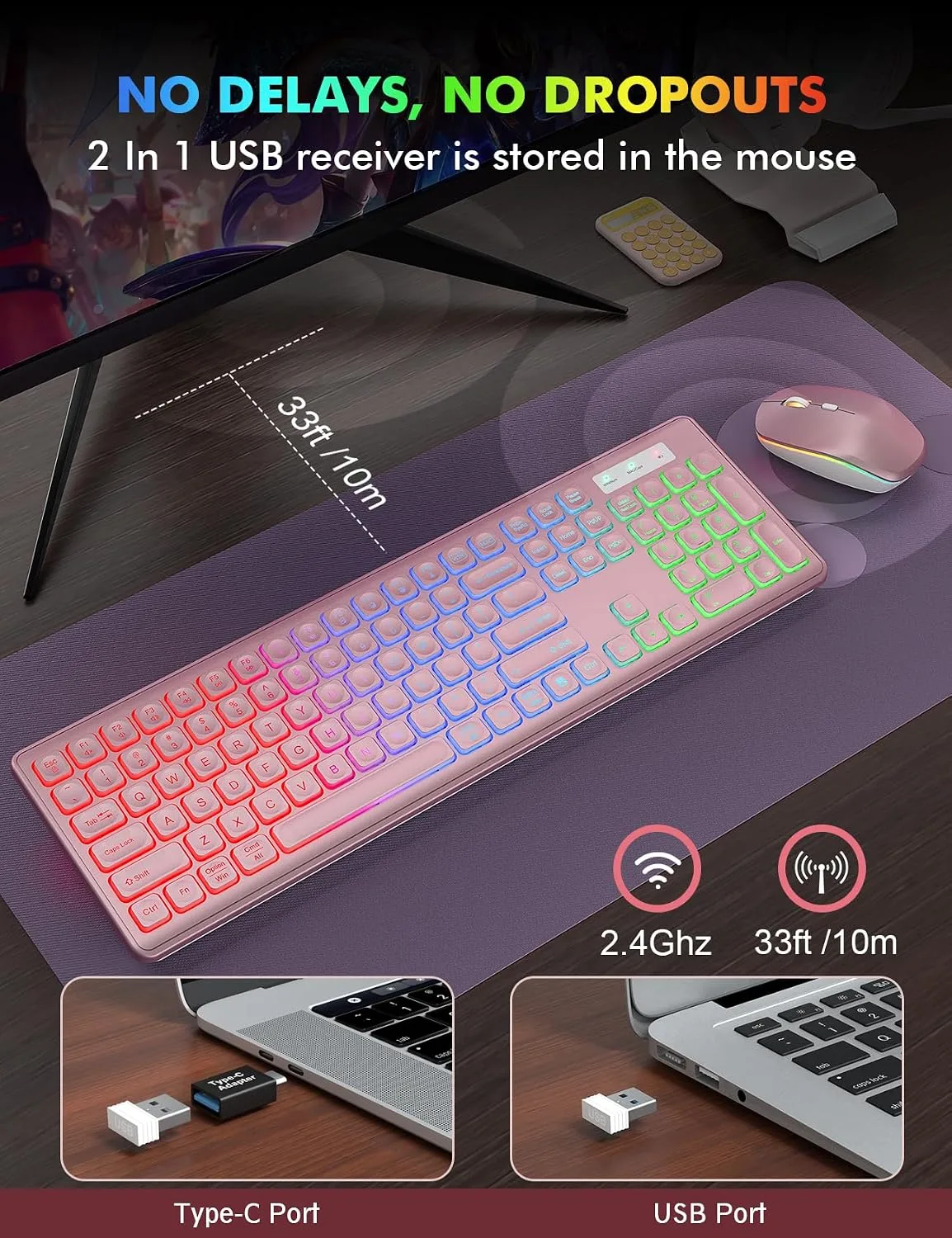 Wireless Keyboard and Mouse Combo, RGB Backlit, Trueque KM42Pro