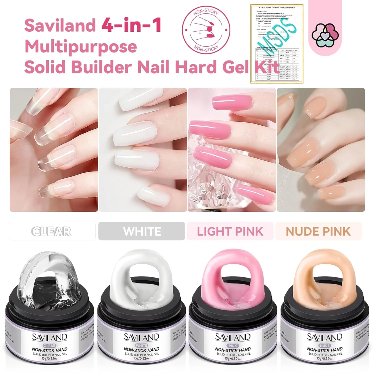 SAVILAND Non Sticky Solid Builder Nail Gel Kit Clear Nude White Pink