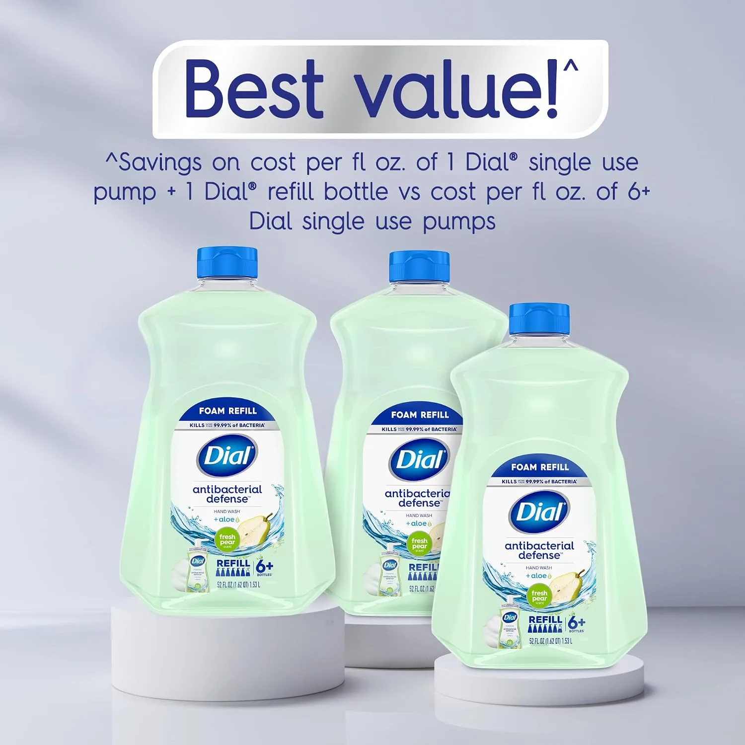 Dial Antibacterial Defense Foaming Hand Soap + Aloe, Fresh Pear Scent, 52 Fl Oz Hand Soap Refill, Dermatologist-Tested, Gentle on Skin