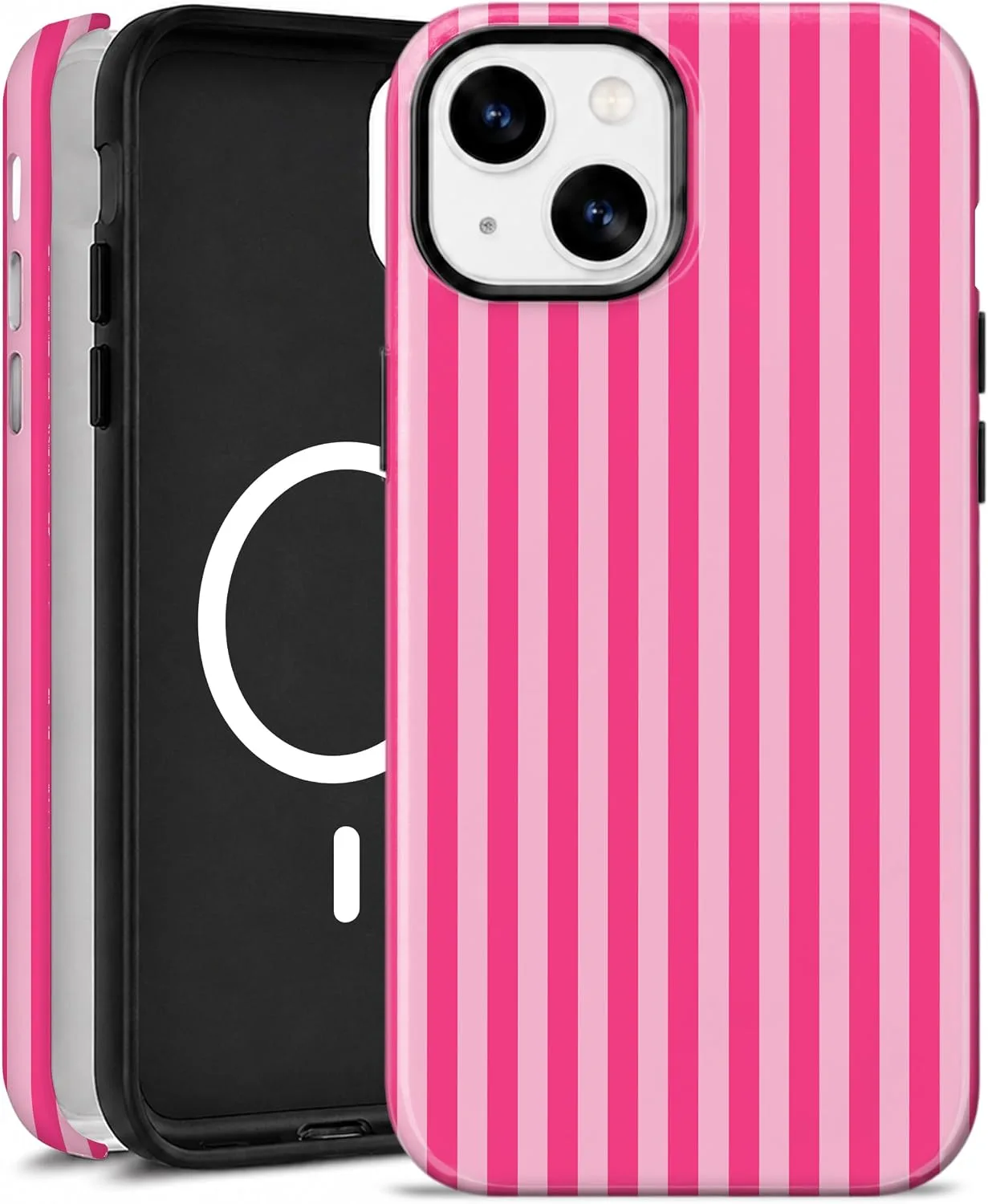 Magnetic for iPhone 13/14 Phone Case, Cute Trendy Hot Pink Striped