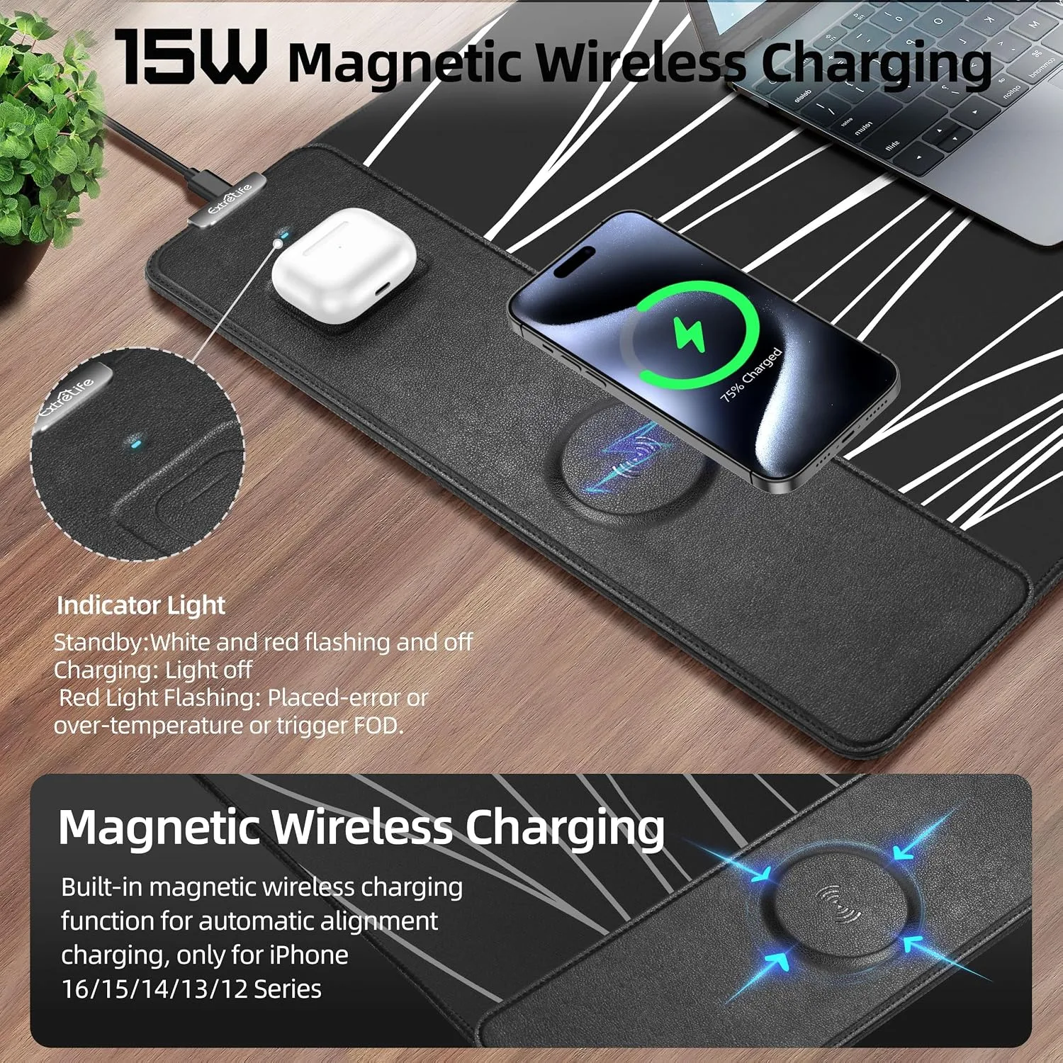 Mouse Pad with Magnetic Wireless Charging, 31.5"x15.8" XXL Desk Mat