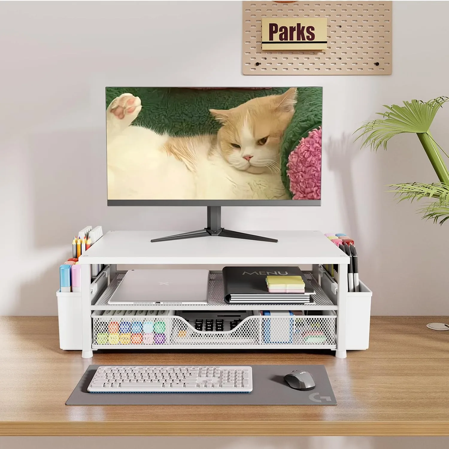 OPNICE Desk Organizer, Monitor Stand Riser with Drawer and 2 Pen Holders