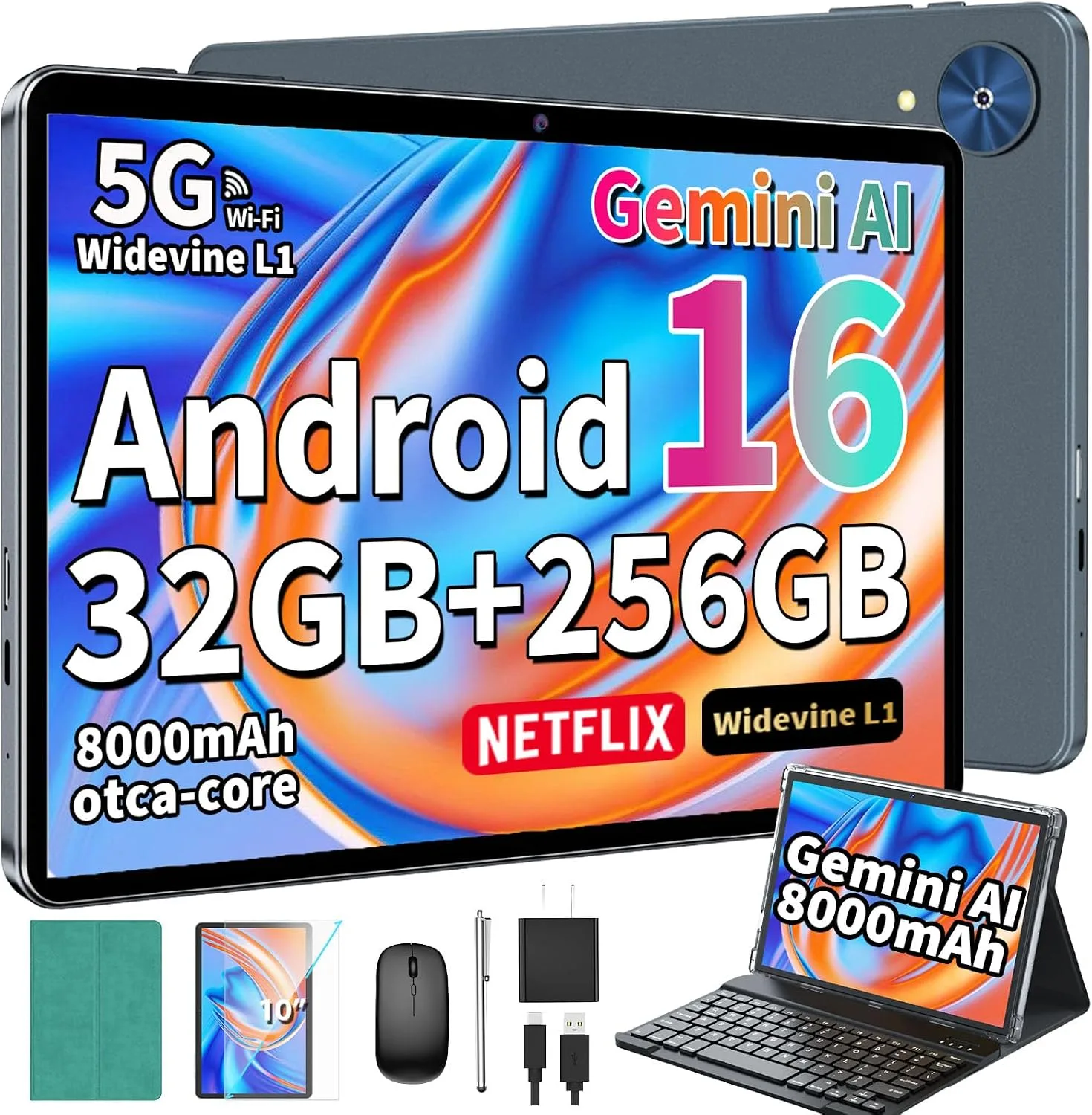 Tablet, 10 Inch Android 16 Tablet with Keyboard, Gemini AI, 32GB+256GB+2TB