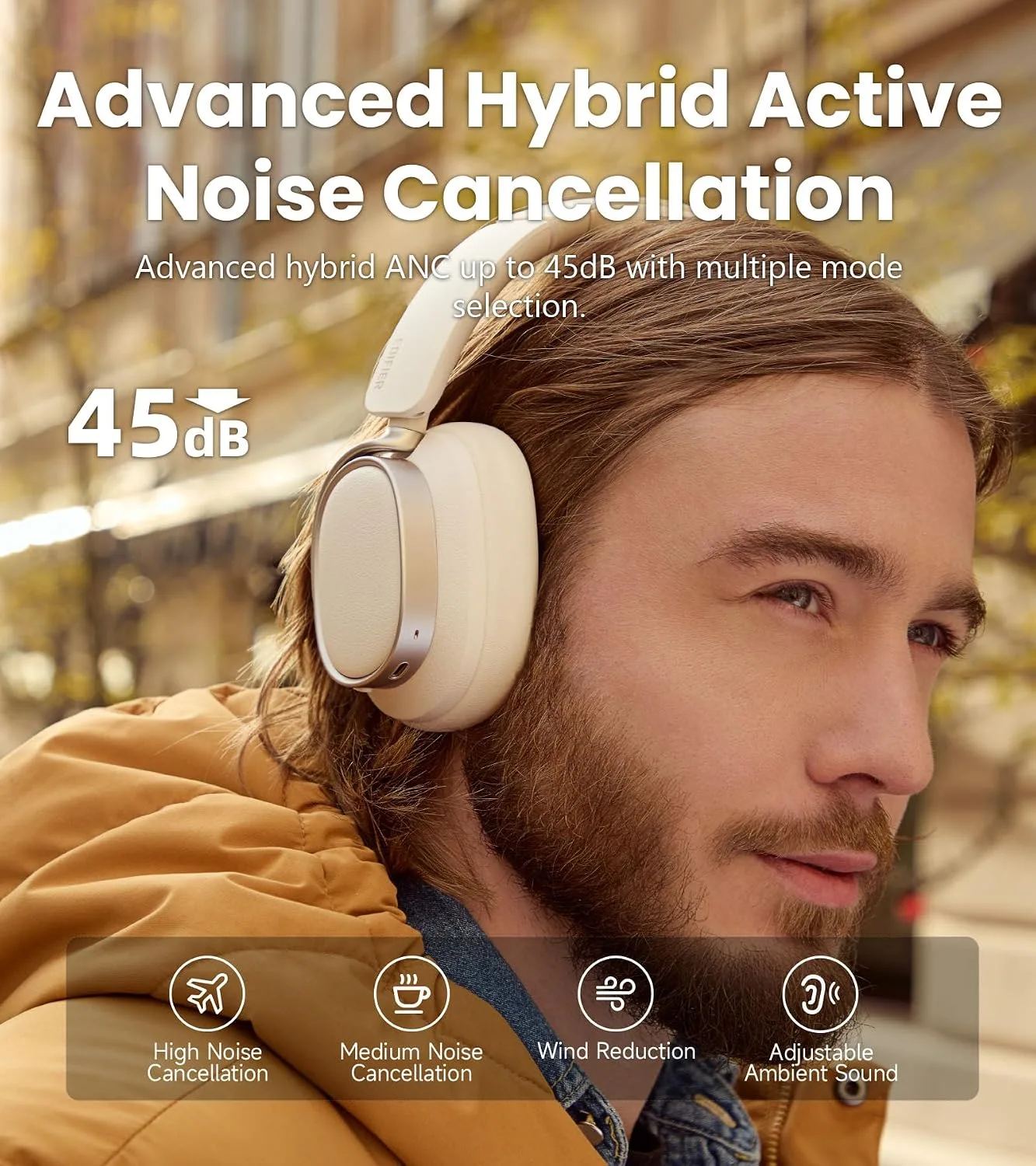 Edifier ES850NB Active Noise Cancelling Over-Ear Headphones, Ivory
