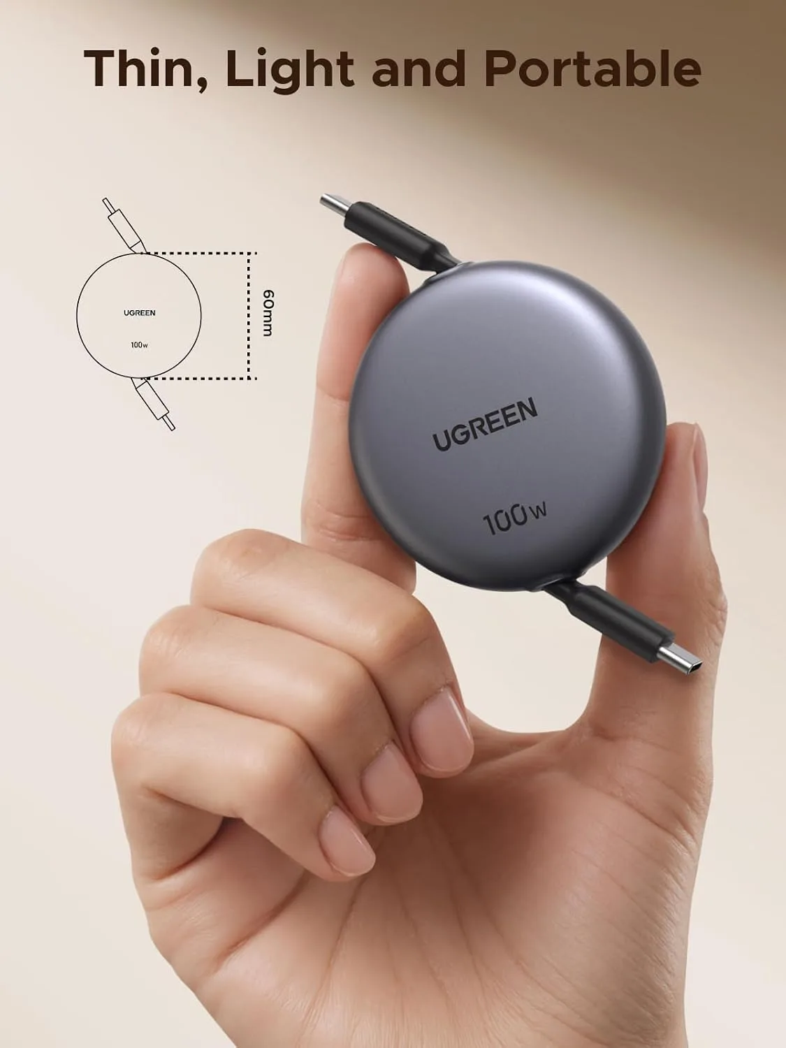 UGREEN 100W Retractable USB C Cable, Fast Charging, Black, 3.3ft