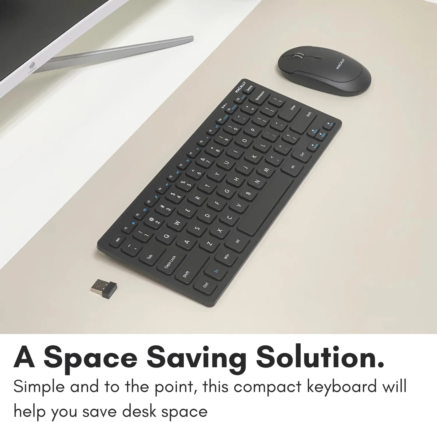 Macally Compact Wireless Keyboard - 2.4 Small Keyboard for Laptop, Desktop PC, Surface, Chromebook, Notebook, Slim Mini Key board with 2.4G Wireless USB - Portable, Ready for Travel without Number Pad