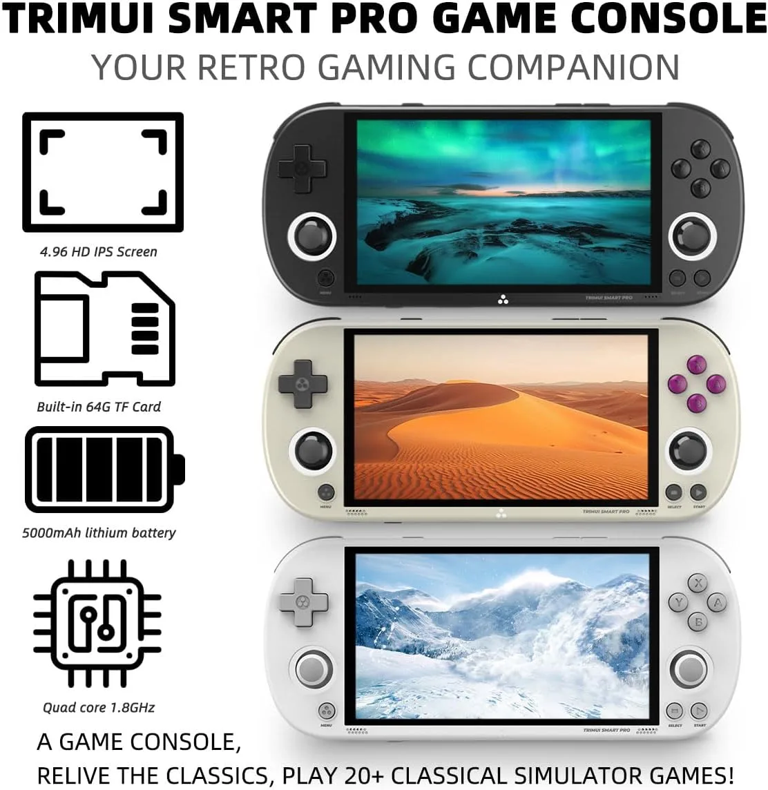 Trimui Smart Pro Game Console 4.96-Inches 720x1280 IPS Screen Built-in 64G TF Card Video Gaming Consoles 5000mAh Lithium Battery Supports Multiple Simulators Casual Game Console-Gray