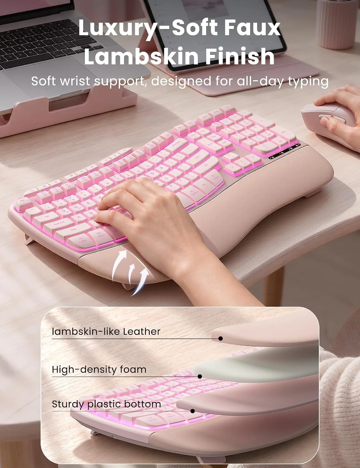 Pink Ergonomic Wireless Keyboard and Mouse Combo, Rechargeable 4000mAh Backlit Keyboard with Soft Faux Lambskin Palm Rest, Wave Keys for Natural Typing, Compatible with Windows/Mac/Chrome OS