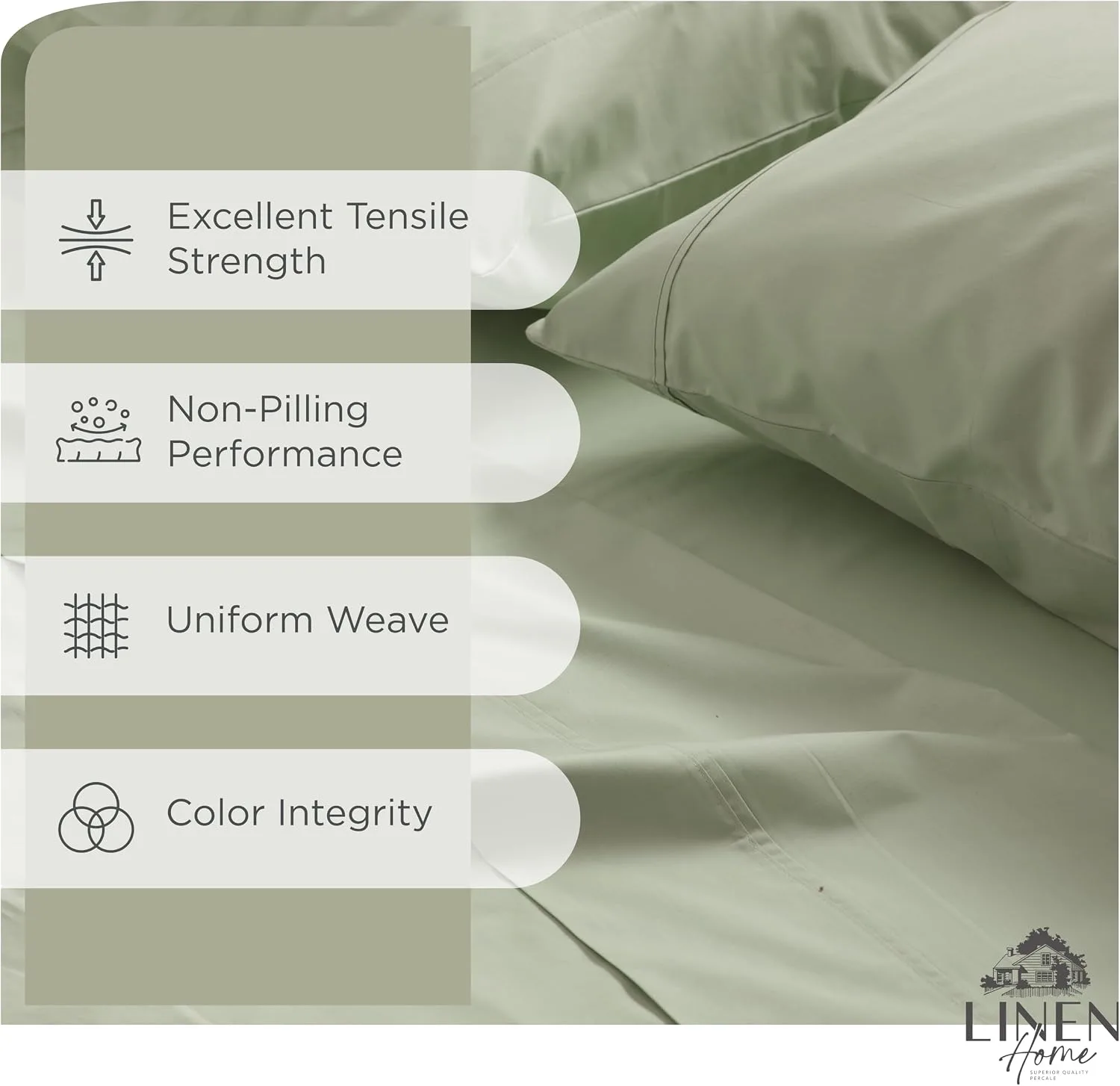 Linen Home King Sheets 100% Cotton Percale, 4 Pc Cooling Set - Sage
