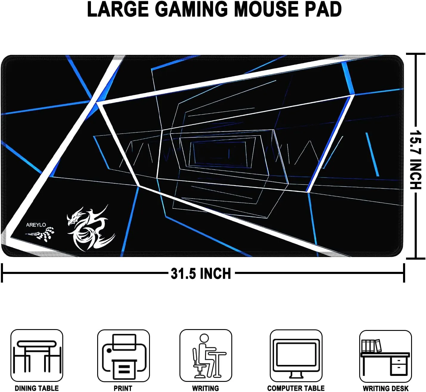 Gaming Mouse Pad Large, Waterproof Extra Large Mousepad with Stitched Edges, 31.5" x 15.7" Non-Slip Rubber Base Office Big Long Keyboard Pad for Office Gamer Home XXL, (Blue Square)