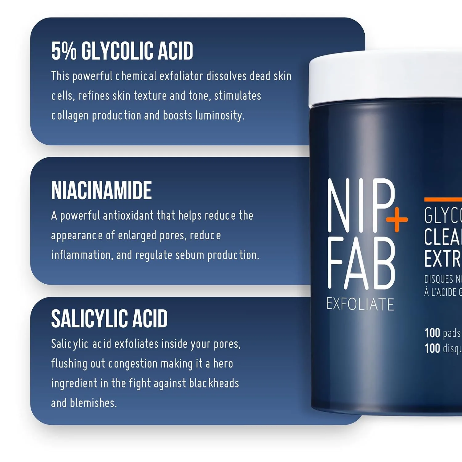 Nip + Fab Glycolic Fix Night Pads Extreme XXL (100 Count) – 5% Glycolic Acid Exfoliating Face Pads with Salicylic Acid – Resurfacing AHA BHA Chemical Peel for Blemishes & Texture