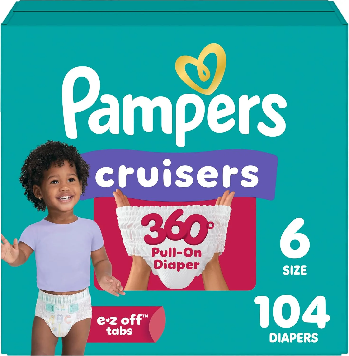 Pampers Diapers - Cruisers 360 - Size 6, 104 Count, up to 100% Leakproof Pull-On Diaper for Active Babies