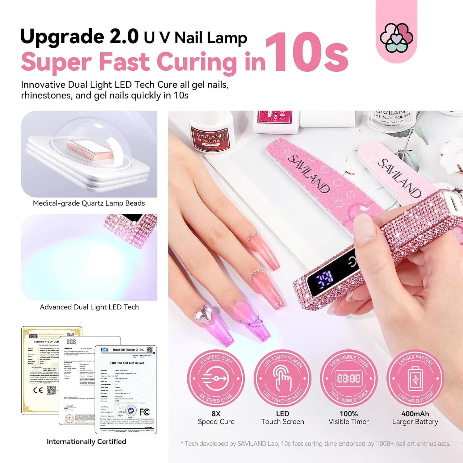 SAVILAND Mini Handheld U V Light for Gel Nails, Glitter Pink, 12W