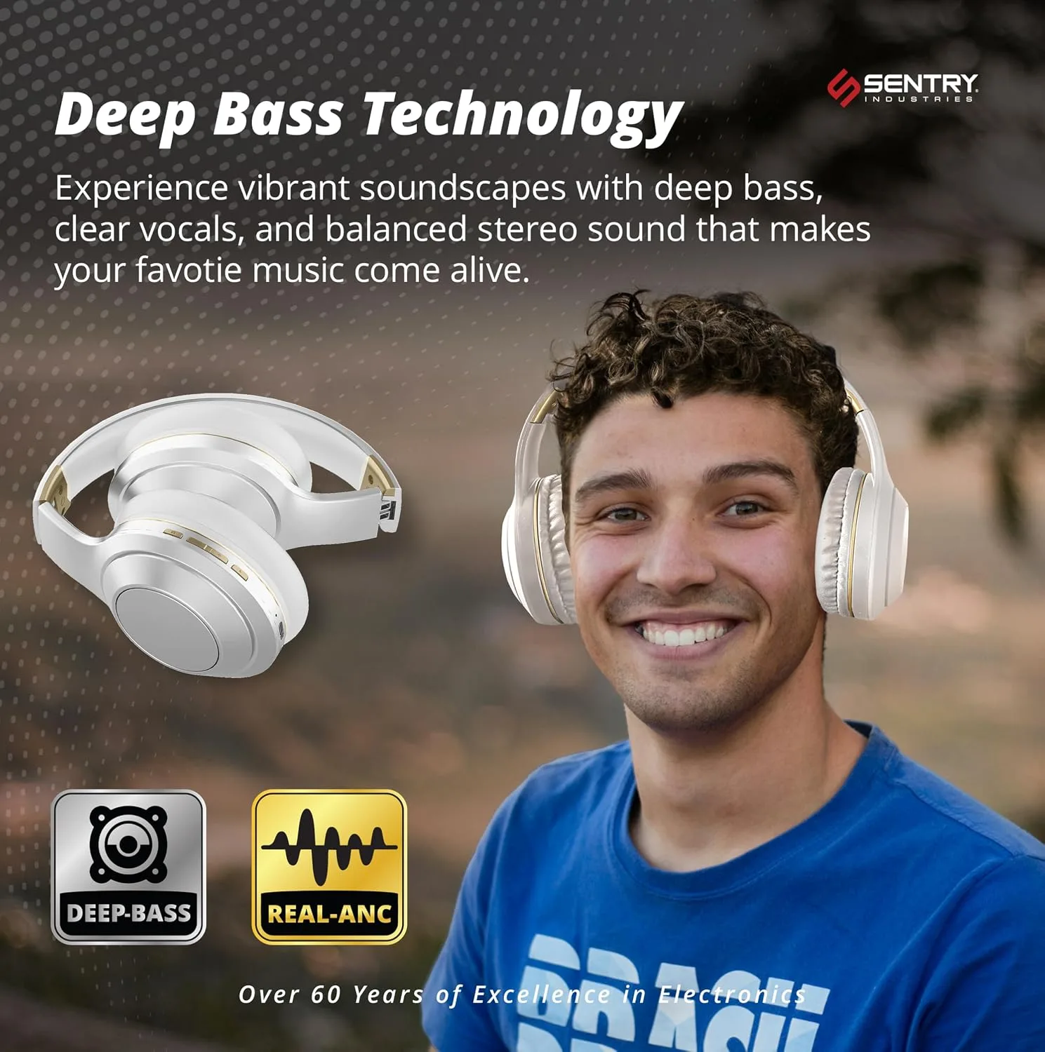 SENTRY OSH Over Ear Bluetooth Wireless Headphones, Active Noise Canceling -20dB Reduction, 22 Hour Battery Life, Control Buttons, Built in Microphone, USB C Charging and Carrying Case Included (White)
