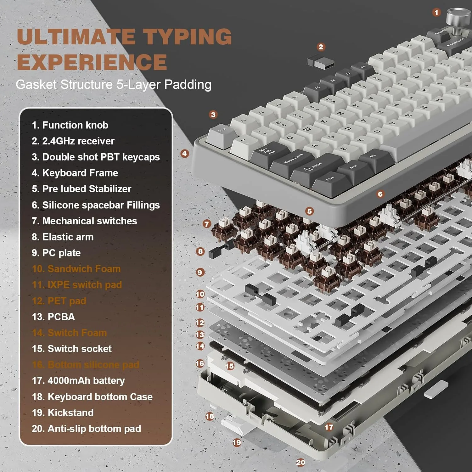 YUNZII B75 PRO 75% Wireless Mechanical Keyboard (Grey, Cocoa Cream V2)