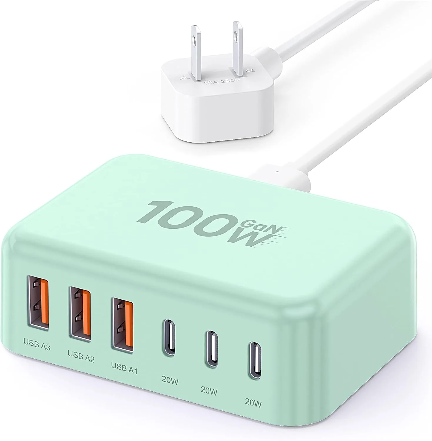 USB Fast Charger Block 50% Smaller 100W Max 6-Port GaN USB Charging Station
