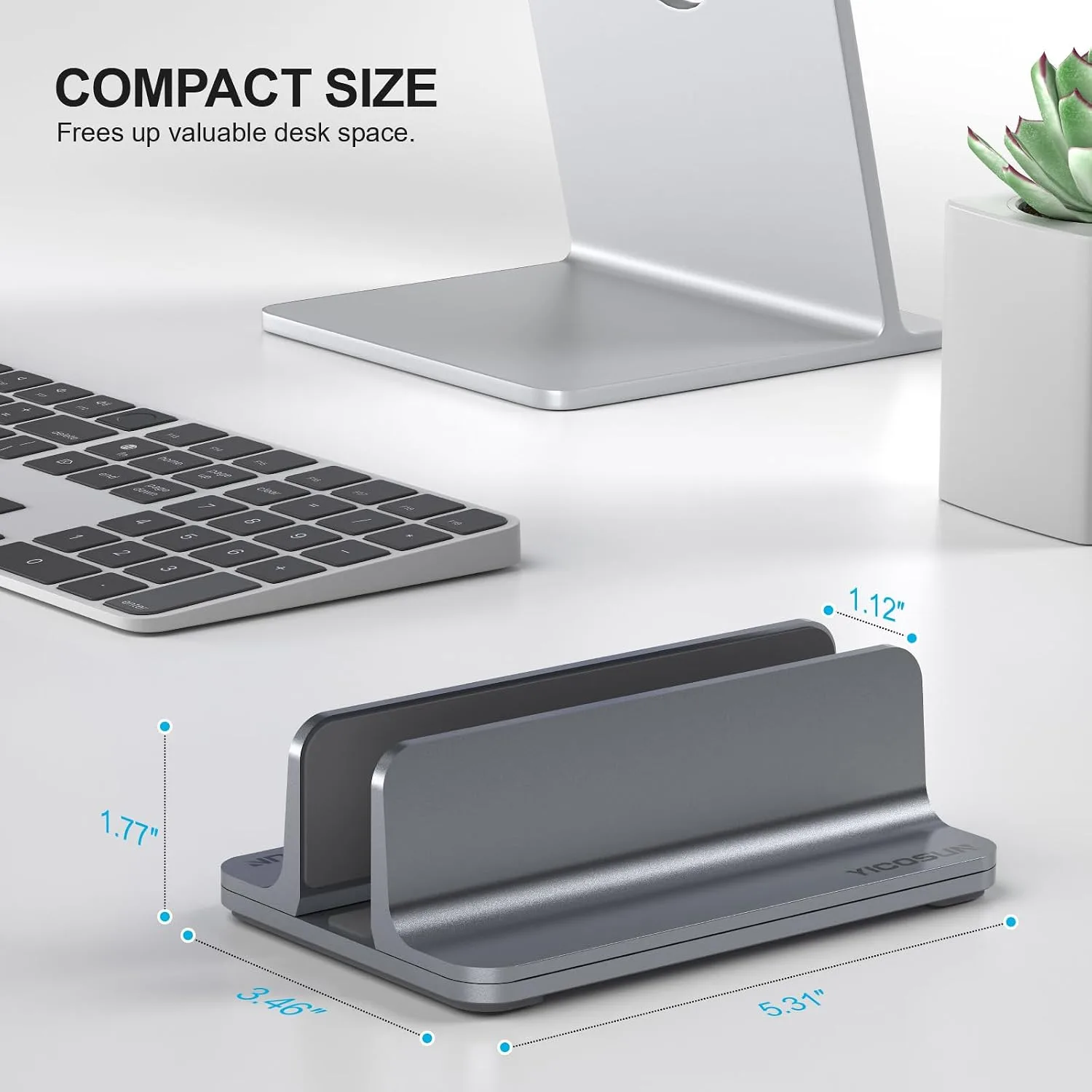 YICOSUN Aluminum Vertical Laptop Stand for Desk - Adjustable Width Dock for MacBook, Surface, Samsung, HP, Dell up to 17.3 inches - Space-Saving & Protective Design - Gray