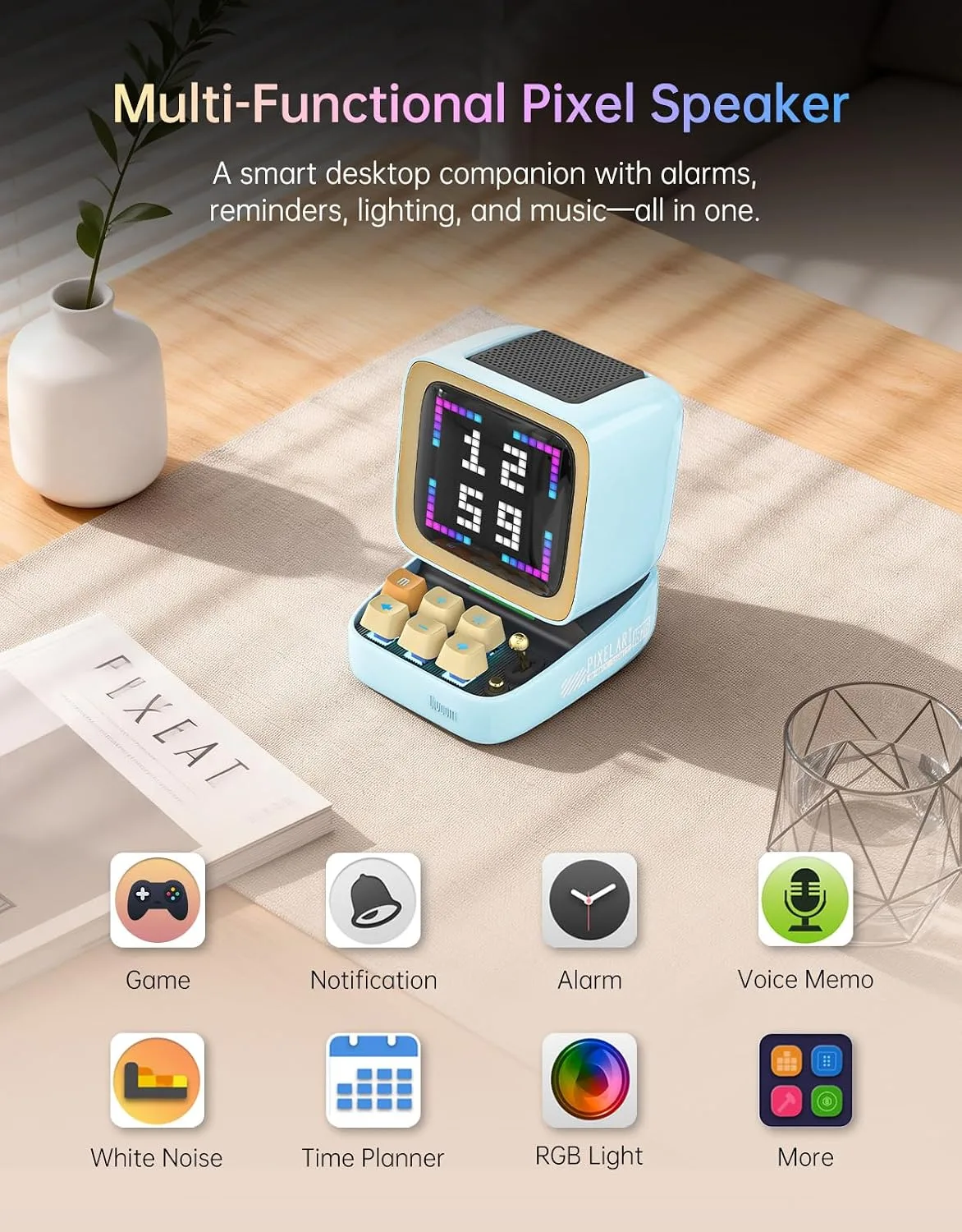 Divoom Ditoo Retro Pixel Art 15W Bluetooth Speaker,Cute Speaker with Alarm,White Noise & Mini Games,Iconic Desk Setup Speaker with 16X16 LED App Controlled Front Screen,Gifts for Anyone (Blue)