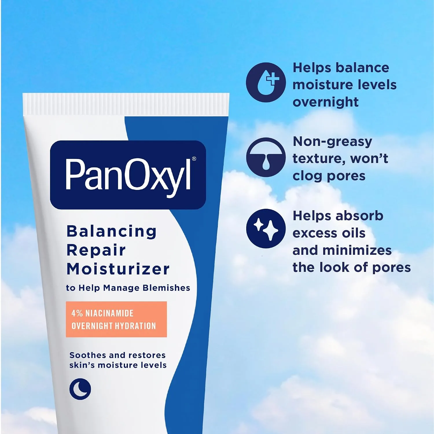 PanOxyl PM Balancing Repair Moisturizer with Niacinamide, Ceramides and Cica, Hydrating Face Moisturizer, Acne Prone Skin and Dry Skin, Non-Comedogenic Night Face Moisturizer, 3 oz